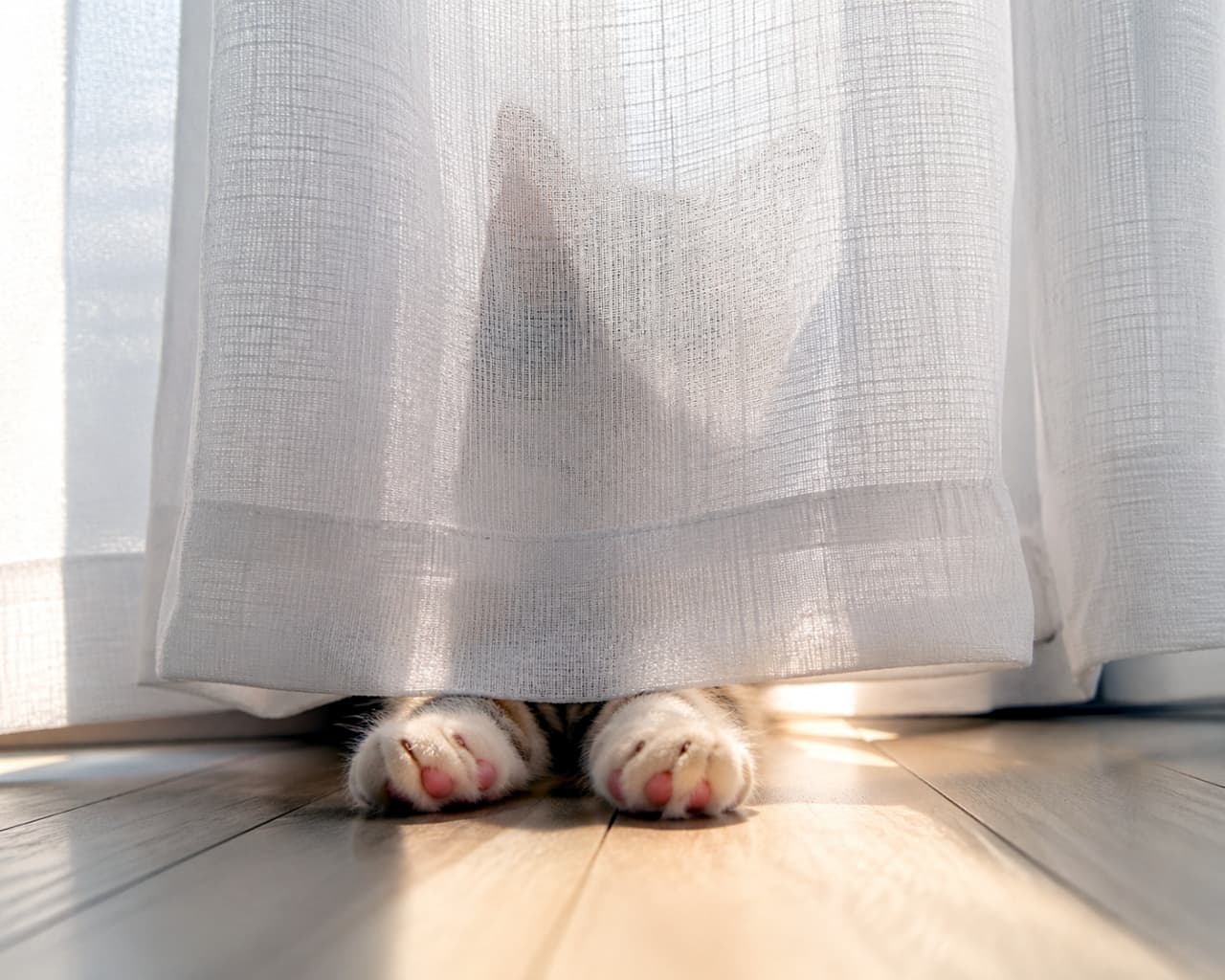 「日差しの下でぽかぽか☀️🐾カーテンの隙間から覗くピンクの肉球にキュンとしちゃいますね💖」Ultra-realistic high-quality photograph of a cat's paws with pink pads peeking out from under a white curtain onto a sunlit wooden floor. 陽の光が差し込むフローリングと、白いカーテンの下から覗く猫の両足の高画質写真。温かみのある光がピンクの肉球を照らしている