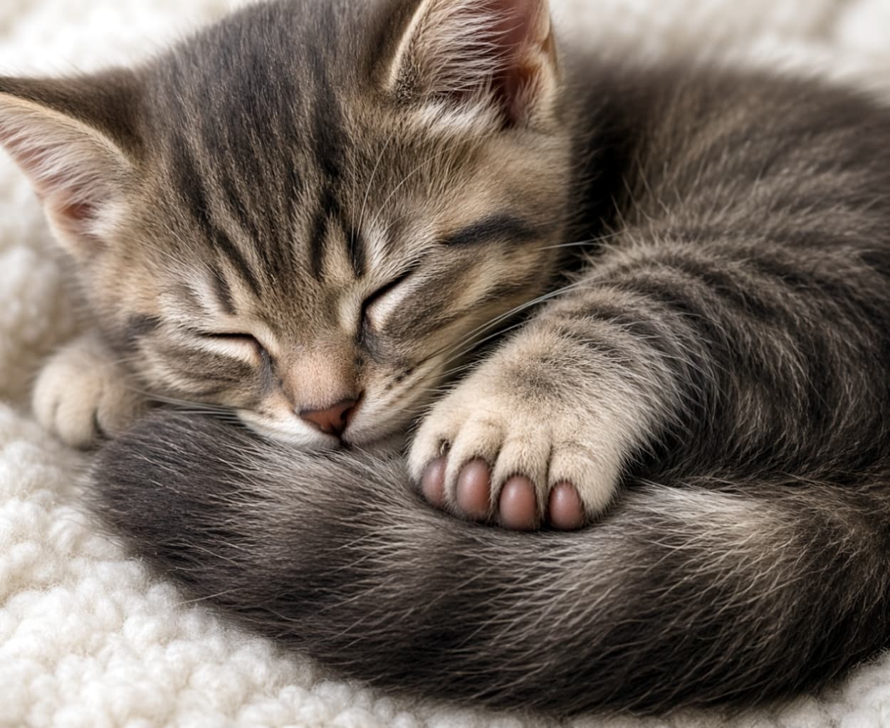 「自分のおしっぽを抱っこしてスヤスヤ…💤 どんな楽しい夢を見ているのかな?天使すぎる寝顔にキュン🥺💕 #子猫 #キジトラ #癒し猫」Ultra-realistic high-quality close-up photograph of a sleeping tabby kitten resting its front paw on its own fluffy tail on a white blanket. Soft lighting highlights its fur. (Note: There is a slight AI generation artifact blending the paw pads and claws.) 白いもこもこのブランケットの上で、自分のしっぽに前足を乗せて丸まって眠るキジトラの子猫のクローズアップ写真。穏やかな寝顔とふわふわの毛並みが強調されている。(※AI生成の影響で、前足の指先に肉球と爪が混ざったような形状の破綻が見られる)