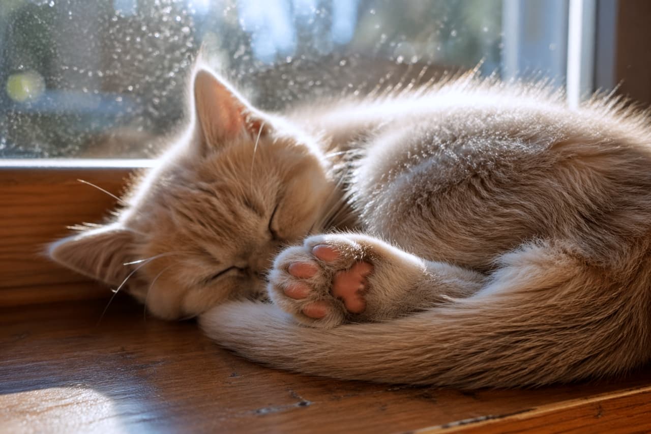 「ぽかぽか陽気に包まれてスヤスヤ…💤 画面越しに温もりが伝わってきそうな、最高のリラックスタイムですね☕」Ultra-realistic high-quality photograph of a cream-colored kitten curled up and sleeping on a wooden windowsill bathed in warm, natural sunlight. 窓辺の木製フレームの上で、太陽の光を浴びながら丸まって眠るクリーム色の子猫。温かみのある光が毛並みを照らしている