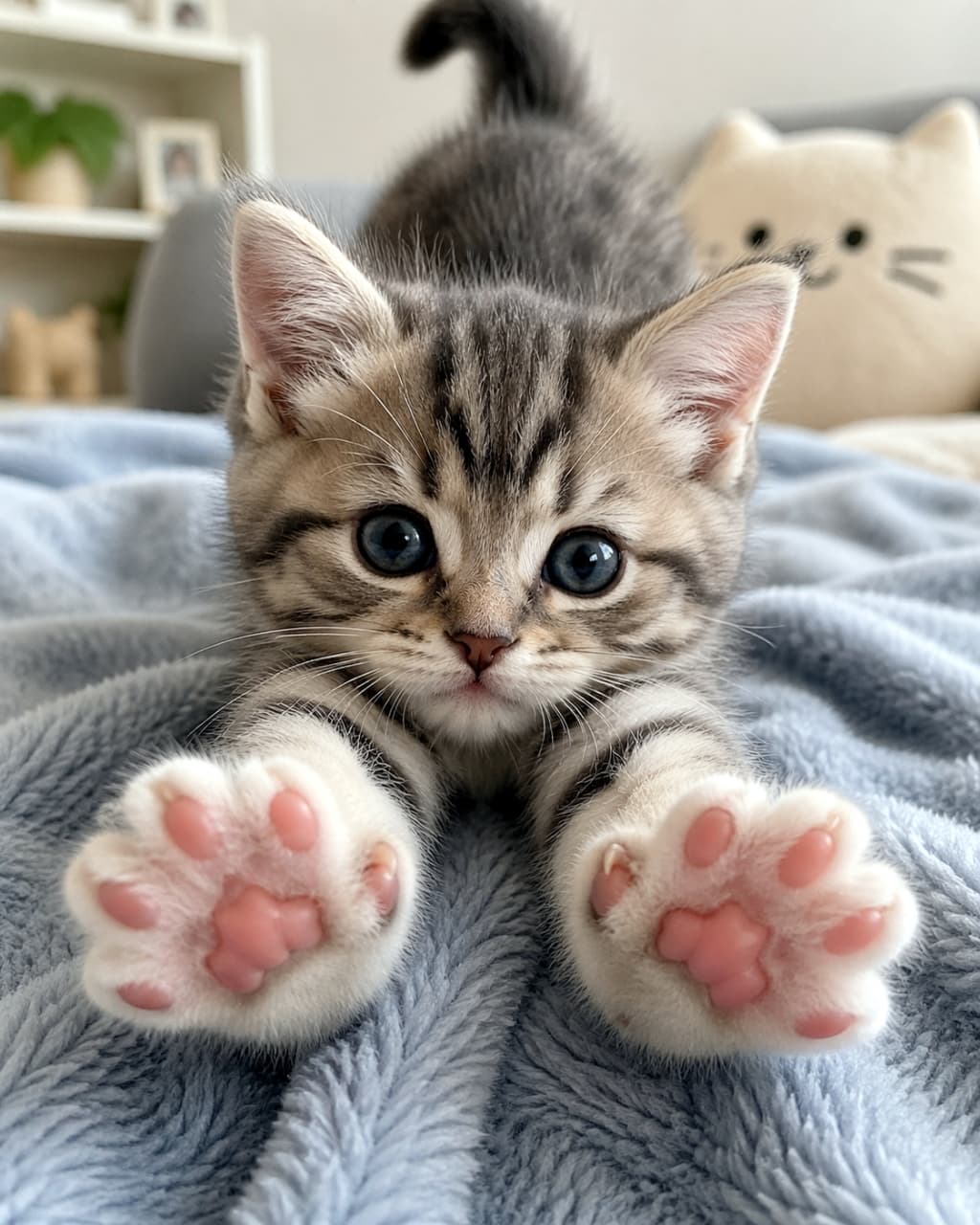 「ん〜っと元気いっぱいの伸び!🐾 でも前足の肉球がちょっと大きすぎ&多すぎかも!?😹 AIのちょっとお茶目な失敗作です💦」Ultra-realistic high-quality photograph of a cute kitten stretching on a blue blanket. *Note: The front paws are unnaturally large for a kitten, and polydactyly (extra toes) is suspected due to AI generation error. 青い毛布の上でカメラに向かって思い切り伸びをする子猫。※ただし、子猫の体に対して前足のひらが不自然に大きく、指の数も多い多指症(AI特有の生成エラー)が疑われます