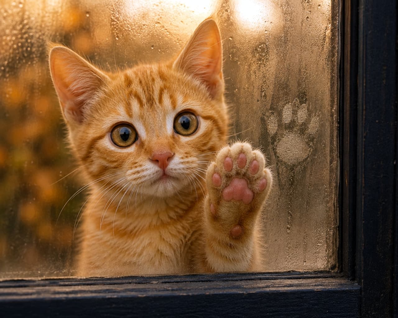 「「早く帰ってきてね…」窓越しに見つめる瞳に、胸がギュッ。切なくて愛おしい、夕暮れのひととき🥺」Ultra-realistic high-quality photograph of a ginger kitten looking through a foggy window during golden hour. One paw pressed against the glass, creating a dramatic and emotional scene with glistening water droplets. 結露した窓ガラス越しに外を見つめる茶トラの子猫。ガラスに片方の肉球を押し当てており、夕暮れの黄金色の光が水滴をキラキラと反射させている、ドラマチックな構図