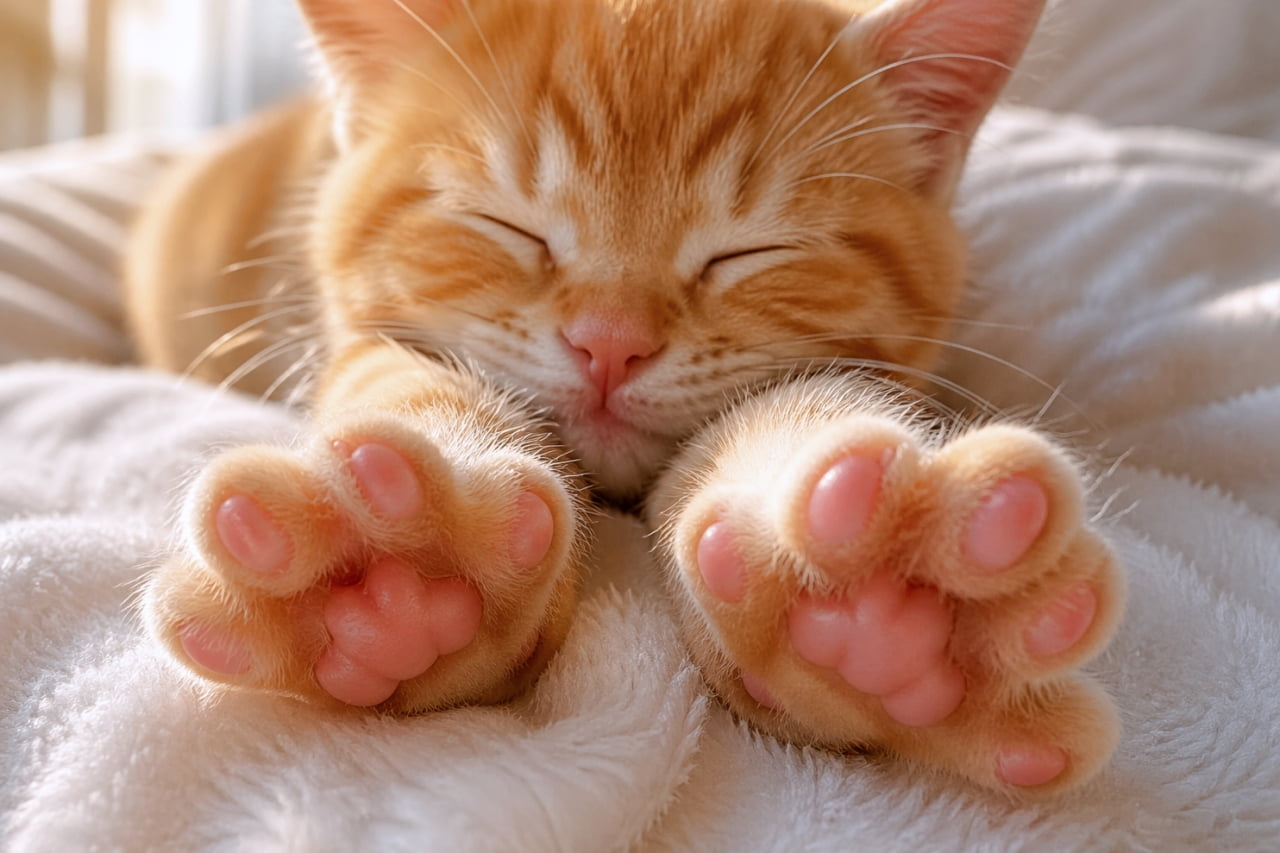 「夢の中で何をつかもうとしてるの?💤 幸せすぎる「ばんざい寝」に、見てるこっちまでニヤけちゃう💖」Ultra-realistic high-quality photograph of a ginger tabby kitten sleeping soundly on its back, paws stretched upward. Showing pink toe beans on a soft blanket with gentle sunlight. 仰向けで目を閉じ、両足を上にピンと伸ばして眠る茶トラの子猫。ピンク色の肉球が並び、柔らかな日差しが差し込むふわふわの毛布の上での幸せそうな寝姿