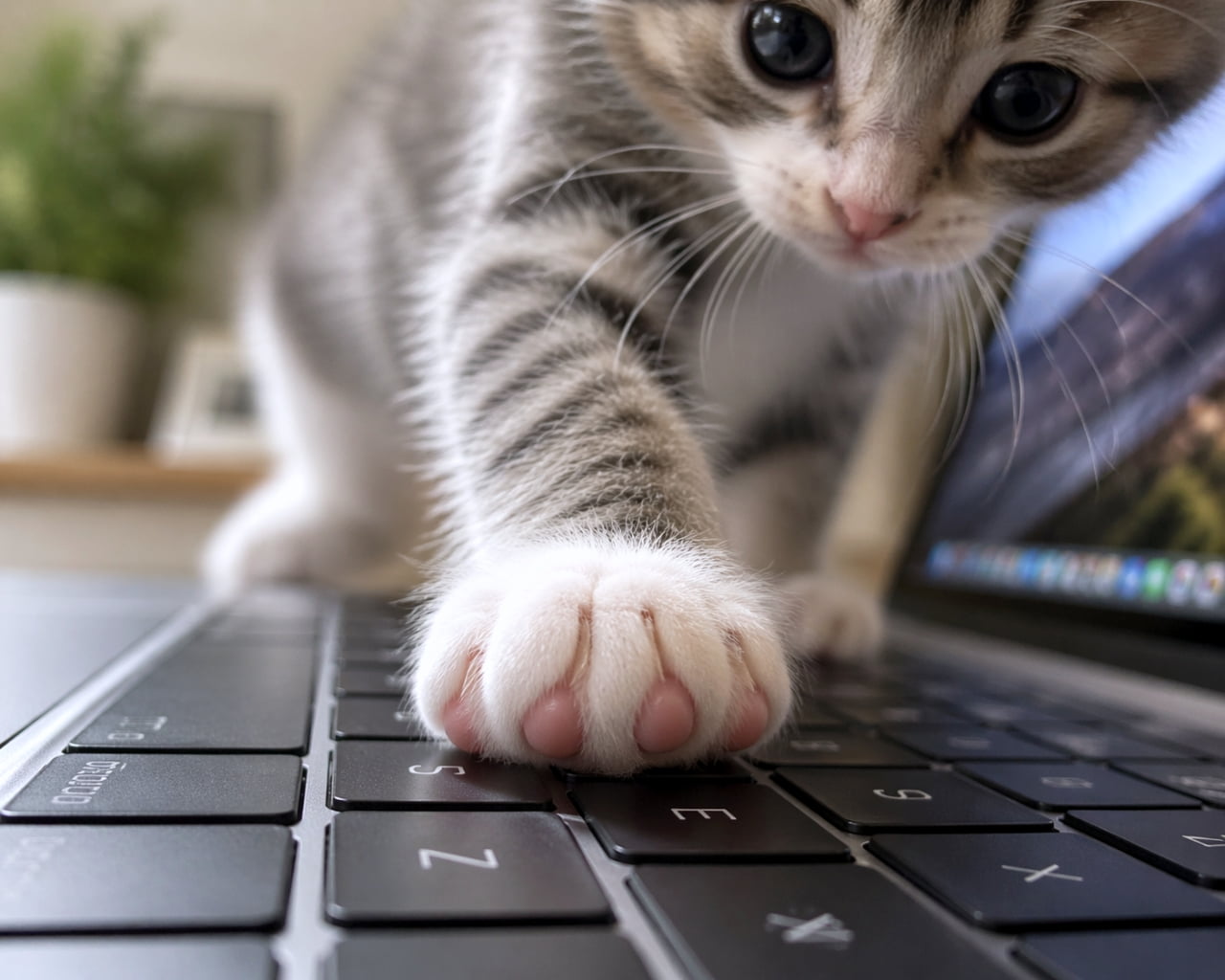 「今日はお仕事のお手伝い!🐾 キーボードを叩く姿は可愛いけど、肉球がなんだかムニムニと腫れぼったくて不思議な感じ…?😂」A close-up of a tabby kitten resting its paw on a laptop keyboard. The kitten is looking directly at the camera. While it appears to be touching the 'E' and 'S' keys, the paw pads are rendered unnaturally; they look excessively bulbous and swollen for a small kitten, resembling fleshy, finger-like protrusions. ノートパソコンのキーボードの上に前足を乗せている仔猫のクローズアップ画像です。仔猫はグレーの縞模様で、カメラをじっと見つめています。前足は「E」や「S」のキーに触れていますが、指球(肉球)の描写が不自然で、仔猫らしい繊細さがなく、まるで人間の指のように丸く腫れぼったい質感になっているのが特徴です