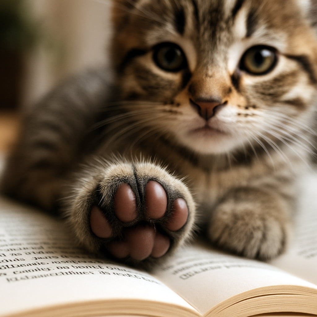 「読書を邪魔する、ちょっと大きすぎ!?なぷにぷに肉球🐾📖 存在感抜群の「お邪魔虫」参上です✨ #猫のいる暮らし #肉球」Ultra-realistic high-quality photograph of a kitten's paw on a book. Macro shot focusing on the paw pads, though they appear unnaturally large, with blurred text in the background. 開かれた本の上に置かれた子猫の前足のアップ。肉球(パット)にピントが合っているが、解剖学的に肉球が肥大化しており、背景のテキストがボケている高品質な写真