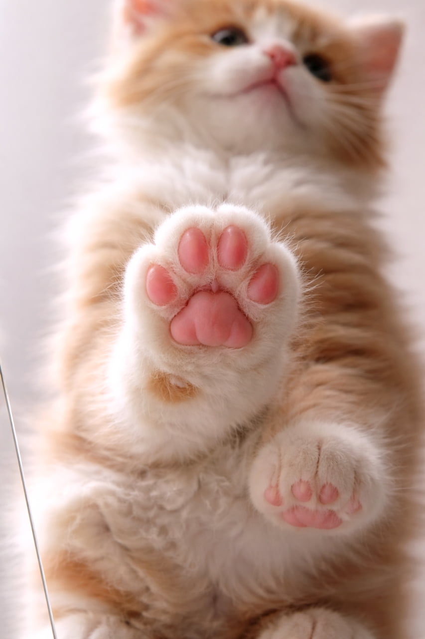 「ぷにっとした肉球がガラス越しにこんにちは🐾ふわふわのお腹もちらり、思わず触れたくなる癒しのワンシーンです✨」Close-up of a kitten’s pink paw pads gently pressed against clear glass, with its fluffy belly and legs softly visible in the background. 透明なガラス越しに子猫のピンクの肉球がやさしく押し当てられ、奥にふわふわのお腹と足が見えるクローズアップ