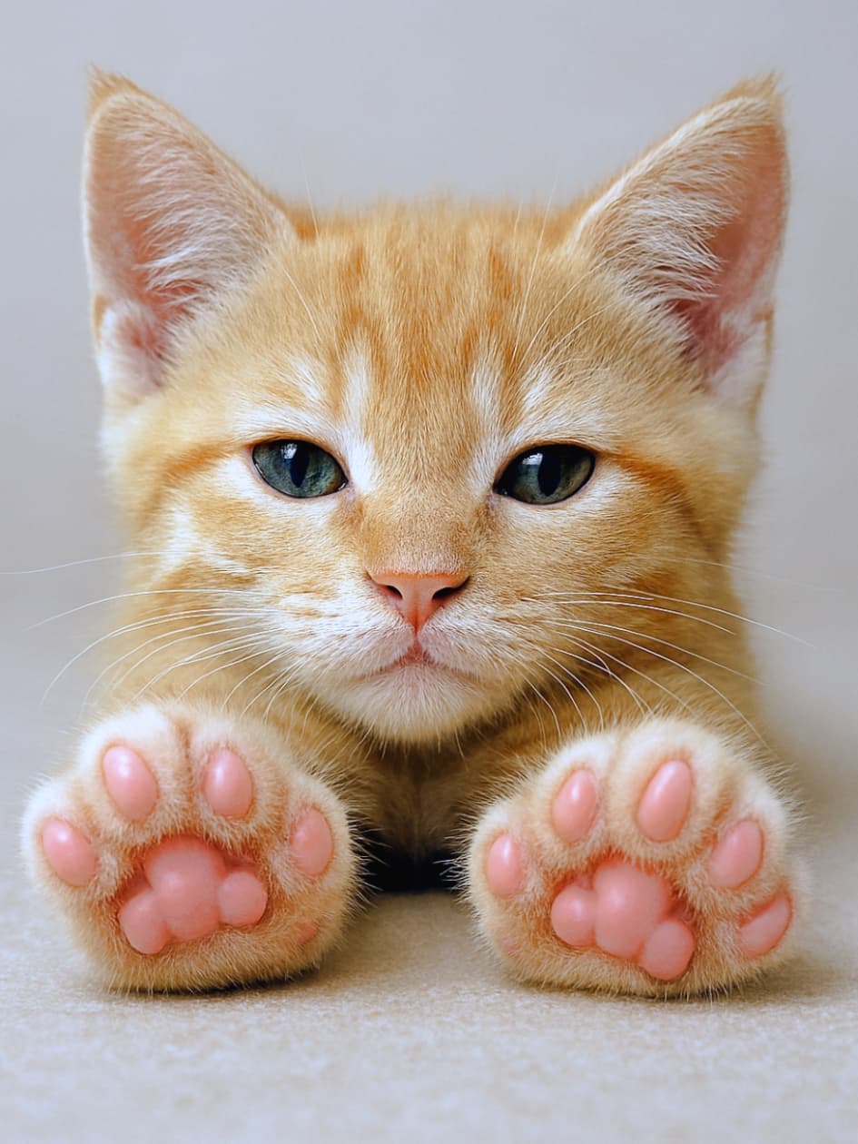 A photorealistic kitten lying flat on a beige floor, front paws stretched toward the camera with pink paw pads fully visible. Each paw shows four toe pads and one central pad, rendered with such high detail and glossiness that they appear almost unreal—more like polished silicone than natural skin. Cream-colored fur surrounds the paws, claws retracted. The kitten’s round greenish-brown eyes are open, ears slightly tilted outward with tufts of fur. Soft natural lighting and shallow depth of field keep the paws and face in sharp focus. ベージュの床にぺったり寝そべる子猫。前足をまっすぐカメラに伸ばし、ピンク色の肉球が正面に完全に露出している。各前足には4つの指の肉球と1つの掌球があり、非常に高精細かつ光沢が強く、まるでシリコン製の模型のような非現実的な質感に見える。周囲の毛はクリーム色で柔らかく、爪は引っ込んでいる。大きな緑がかった茶色の丸い目を見開き、耳は少し外側に傾き先端に毛が生えている。柔らかな自然光と浅い被写界深度で前足と顔にピントが合っている