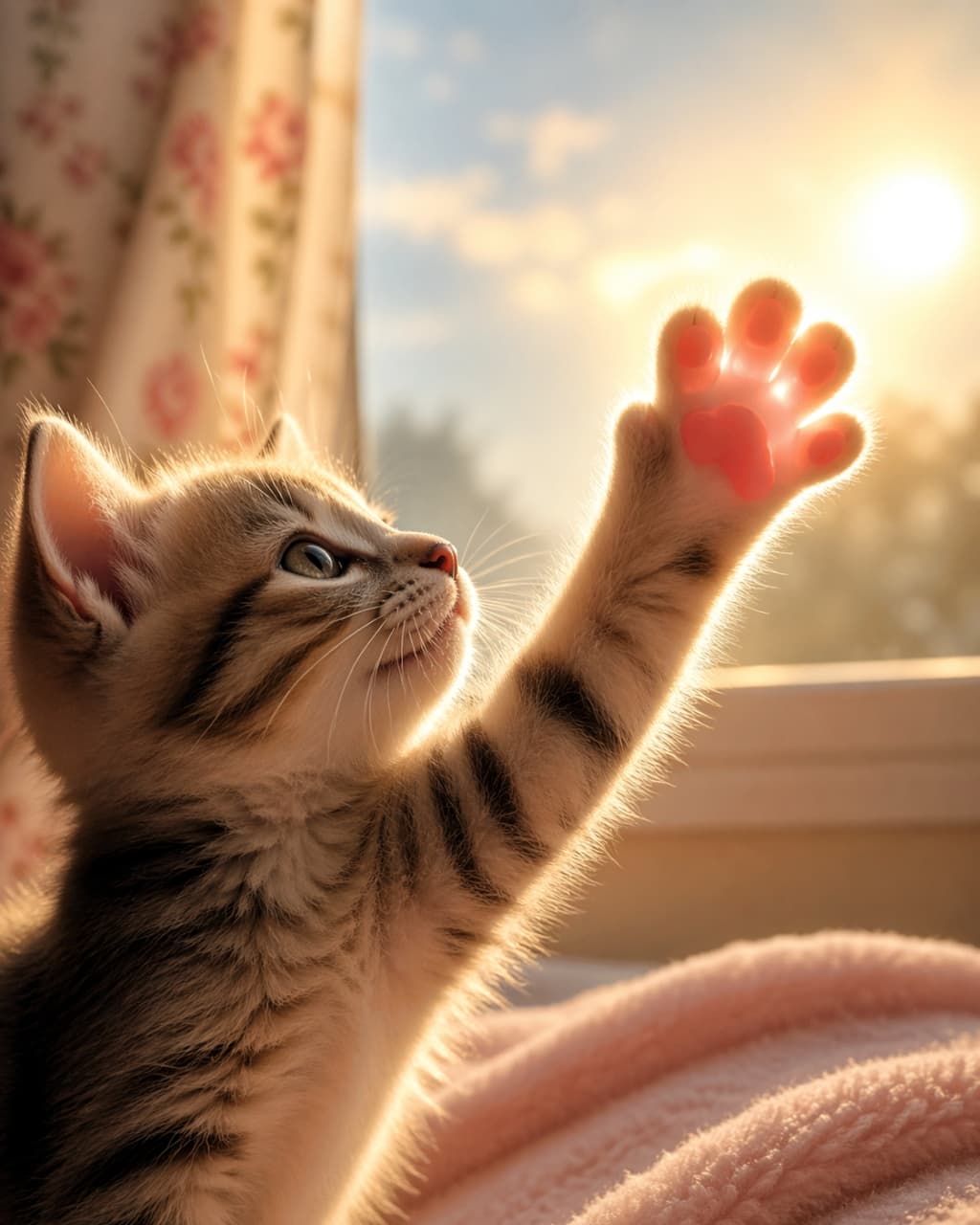 「逆光に透ける肉球……と思いきや、指が5本!?AIが猫と人間の手を混ぜてしまった、美しくも奇妙な「神の手」子猫です☀️🐾」A tabby kitten reaching its front paw toward the golden sunlight by a window. While the backlighting beautifully highlights its fur and cute profile, the anatomy of the extended paw is severely distorted. Instead of a standard feline paw, it features five fleshy, finger-like appendages with glowing pink skin, creating a surreal and impossible limb that resembles a mutated hand illuminated from behind by the sun. 窓際で黄金色の夕日に向かって前足を伸ばすキジトラの子猫。逆光によって耳や体の毛並みが美しく縁取られているが、伸ばされた右前足の形状が解剖学的に著しく破綻している。猫本来の肉球の構造ではなく、人間のような5本の指が癒着したような不気味な形状をしており、強い光が肉球を透過することで、その異常な多指症のような構造が鮮明に強調されている