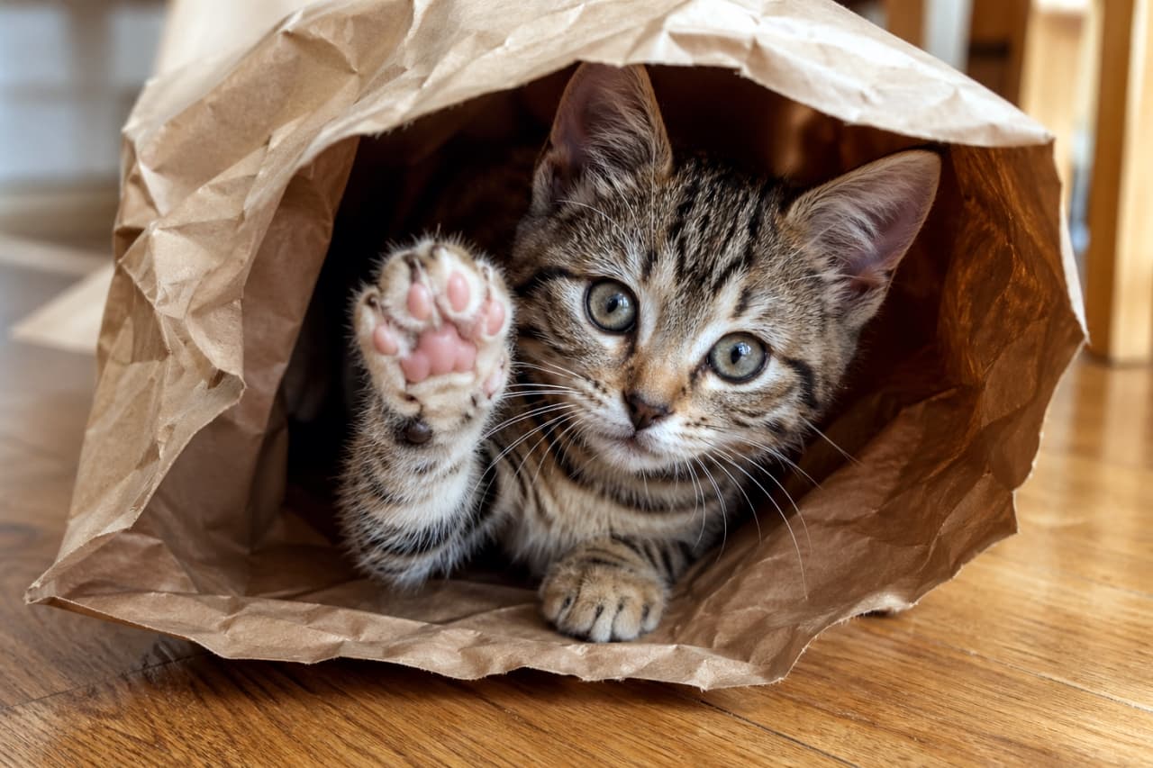 「「おーい!こっちだよ!」袋の中から全力アピール✨ 招き猫ならぬ「招き子猫」に癒やされて」Ultra-realistic high-quality photograph of a tabby kitten inside a wrinkled paper bag, raising one paw as if waving. Warm indoor lighting on a wooden floor, eye-level composition. くしゃくしゃの紙袋の中から顔を出し、片方の前足を高く上げてこちらを見つめるキジトラの子猫。木のフローリングの上で、柔らかな光に包まれた温かみのある室内風景