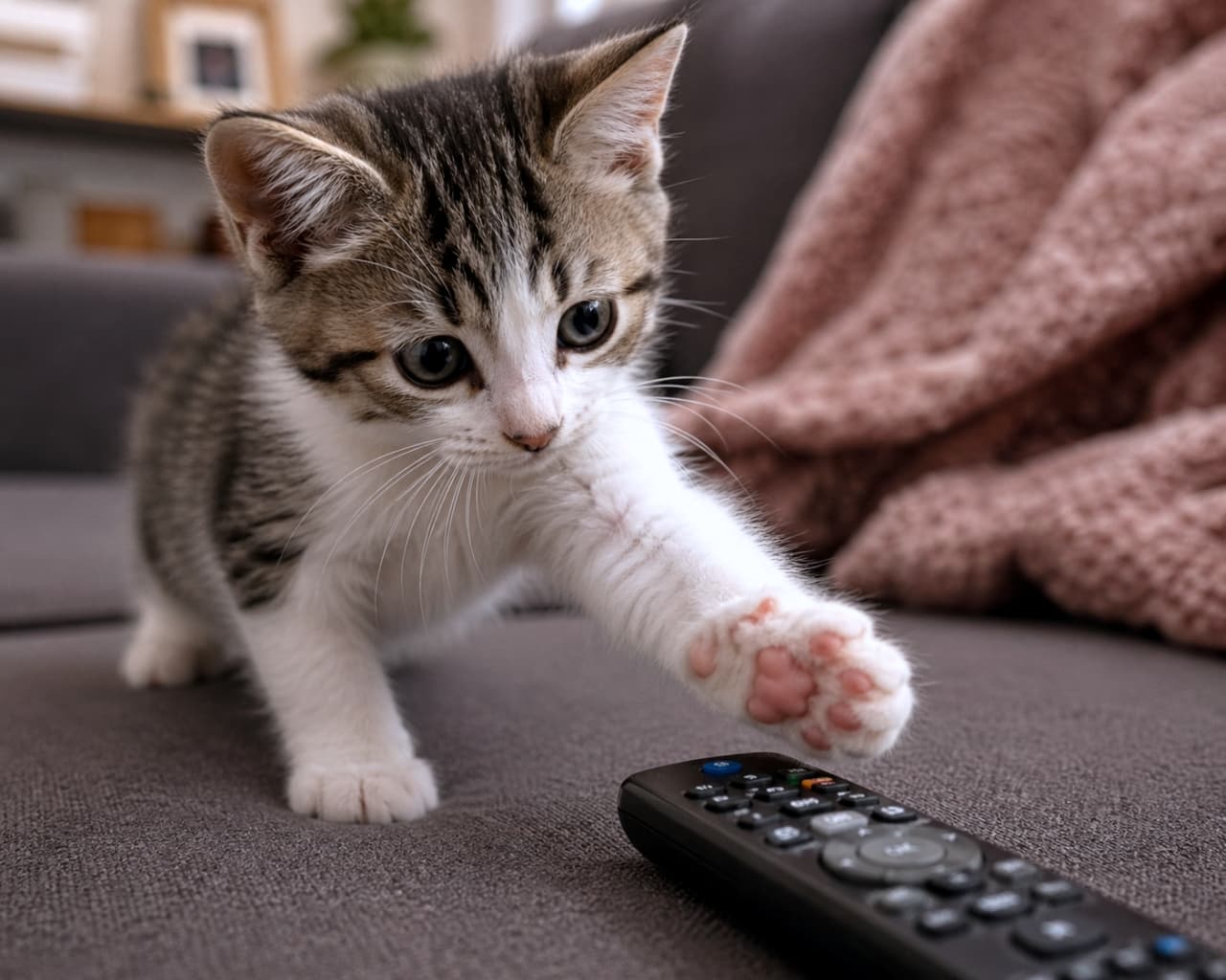 「チャンネル権はボクのもの?🐾 リモコンを触る小さな手が可愛すぎて、何でも許しちゃいますね💖」Ultra-realistic high-quality photograph of a kitten reaching out its paw to touch a black TV remote on a grey sofa in a living room setting. グレーのソファの上でテレビのリモコンに小さな前足を伸ばす子猫。日常の生活感があるリビングでの微笑ましいワンシーン