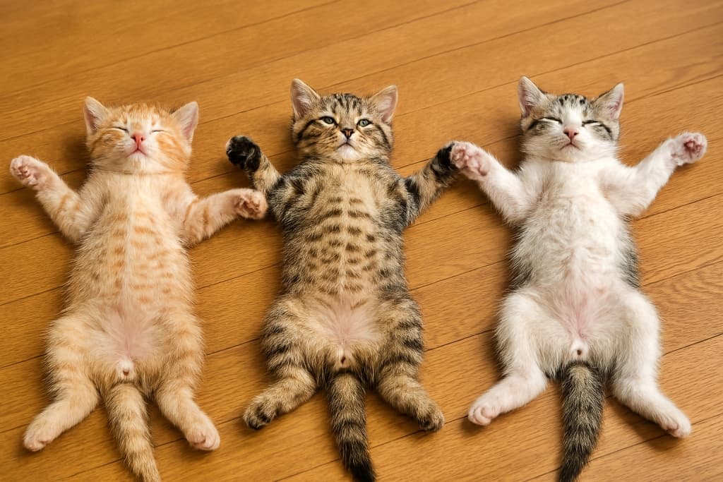 Three kittens lie on their backs on a warm wooden floor, each in a starfish pose with legs and paws spread wide. They are evenly spaced apart, with subtly different facial expressions—one peacefully asleep, one half-awake, and one playfully relaxed. The soft lighting highlights their fluffy fur, though the paw pads appear slightly rough or less defined than expected. 3匹の子猫が温かみのある木の床にあおむけで寝転び、大の字に手足を広げている。適度な距離を保って並び、それぞれ微妙に異なる表情—熟睡、うとうと、リラックス—を見せている。柔らかな光が毛並みを優しく照らしているが、肉球の描写がやや粗く、細部の表現が甘い印象もある