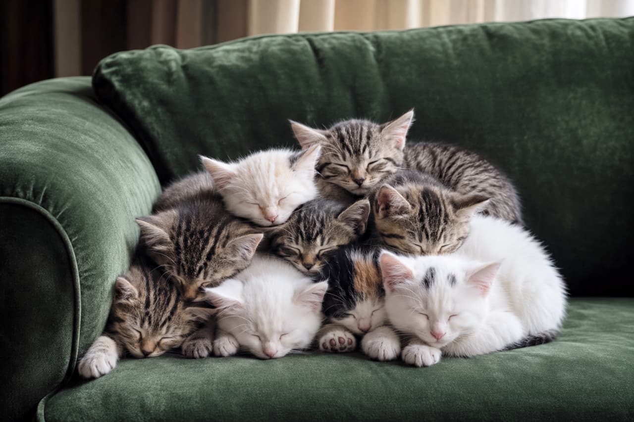 「子猫の特盛お昼寝セットはいかが?甘〜い寝顔に癒やされる…と思ったら、右下の三毛ちゃんの肉球の数が凄いにゃ!?🐾不思議で可愛い発見にびっくり✨」An ultra-realistic high-quality photograph of a massive pile of adorable domestic shorthair kittens, including tabby, solid white, and calico, sleeping soundly together in the corner of a rich moss-green velvet sofa. Each kitten has its eyes closed in deep sleep, while a unique detail shows the calico kitten near the bottom right with an unusually large number of densely packed paw pads on its front foot. Soft, warm natural light beautifully highlights the texture of their fluffy fur. 高級感のあるシックなモスグリーンのベルベットソファの隅で、キジトラや白猫、三毛猫といった様々な毛色の愛らしいミックスの子猫たちが、お互いに体を折り重ねるようにしてすやすやと眠っている高品質な写真。どの子も心地よさそうに目を閉じているが、画面右下寄りに位置する三毛猫(キャリコ)の前足には、肉球(指)の数が通常よりも異常に多く密集しているユニークな特徴が見られる。窓際からの柔らかな自然光が、子猫たちのピュアでふわふわな毛並みの質感を立体的に優しく包み込んでいる情景