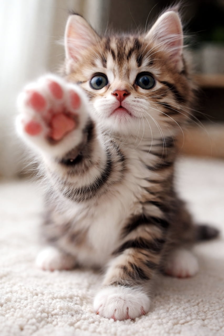 「ちょいちょいっとカメラにタッチ🐾 無防備に見せてくる肉球がたまらない一瞬、かわいさ全開です✨」A playful kitten reaches one front paw toward the camera, showing its soft paw pads clearly in a close-up shot. 子猫がカメラに向かって前足を伸ばし、柔らかい肉球をアップで見せている様子