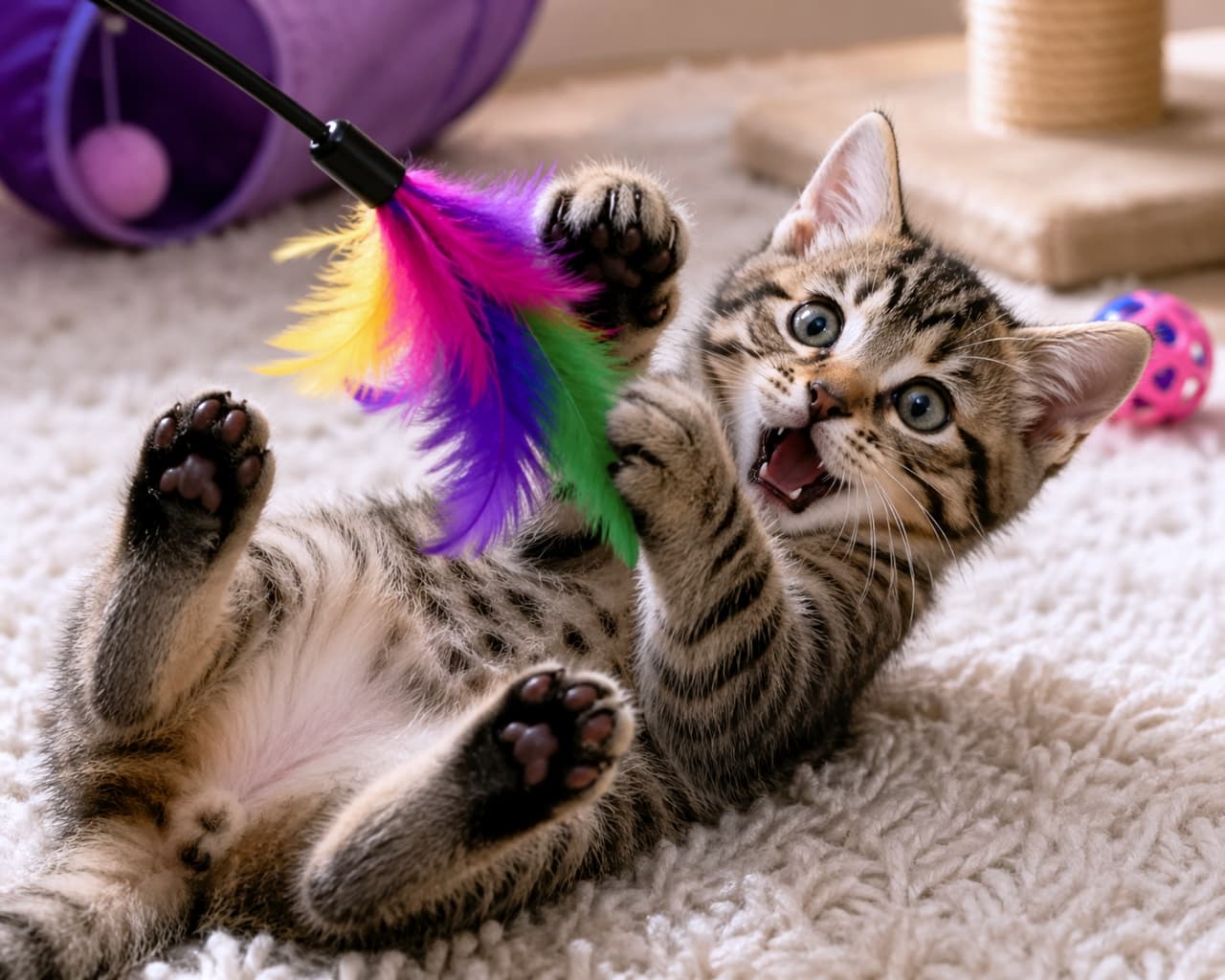 「捕まえたニャ!🐾 躍動感あふれる遊びの時間は、見ているこっちまでワクワクしちゃいますね✨」Ultra-realistic high-quality photograph of a playful tabby kitten lying on its back on a white rug, interacting with a vibrant, colorful feather toy. 白いカーペットの上で仰向けになり、カラフルな羽の猫じゃらしで遊ぶ子猫。大きく目を見開き、楽しそうに口を開けている