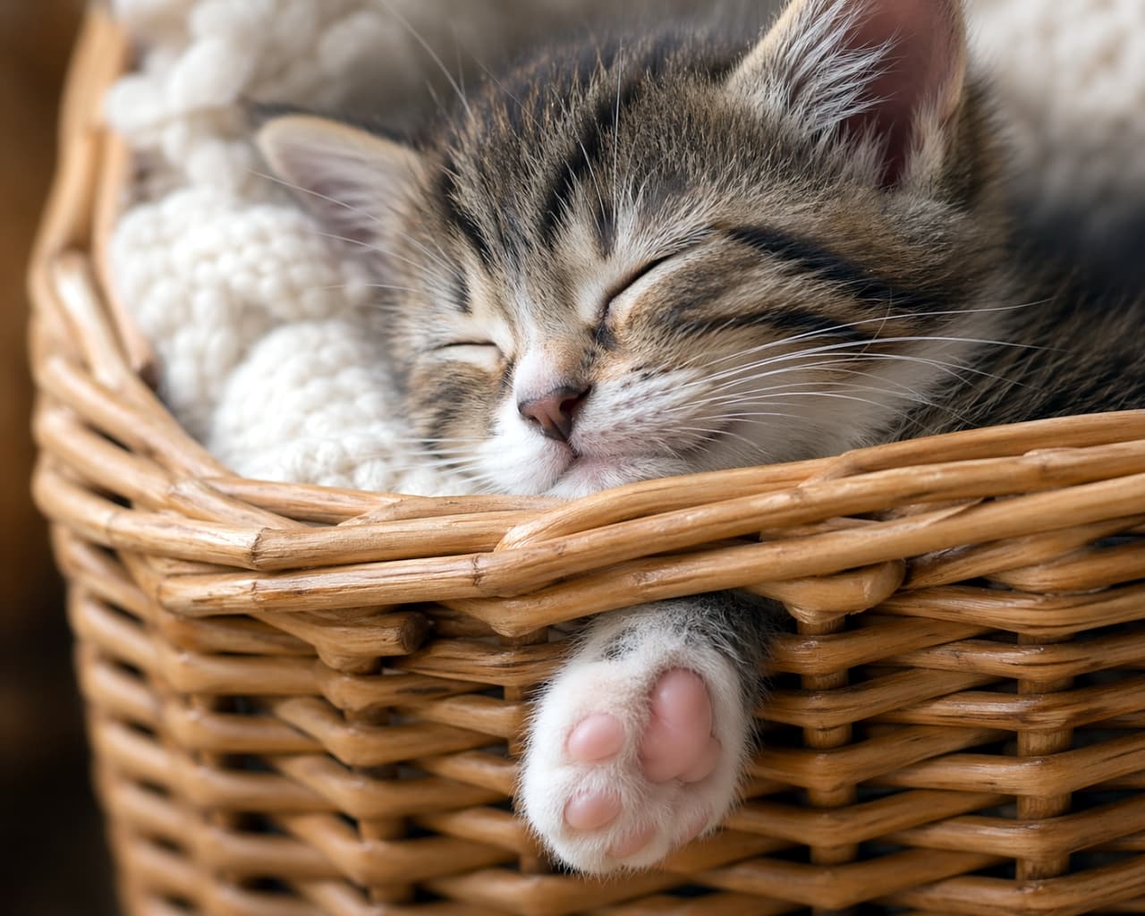 「スヤスヤ眠る天使のような寝顔……からの、筋力強そうなデカすぎる前足。夢の中ではきっと最強の猫ボクサーですね💤🥊」A tabby and white kitten sleeping peacefully inside a woven basket with a white knit blanket. Although the kitten's face is realistically rendered, a single, disproportionately large white paw sticks out from the side of the basket, looking disconnected and significantly bigger than the kitten's entire head. 編み込まれたバスケットの中で、白いニットの毛布に包まれてスヤスヤと眠るキジトラ白の子猫。顔立ちは非常に整っているが、バスケットの隙間から、体格に対して明らかに巨大すぎる白い前足が一本だけ突き出している。足の付け根の繋がりや比率が完全に崩壊している失敗画像