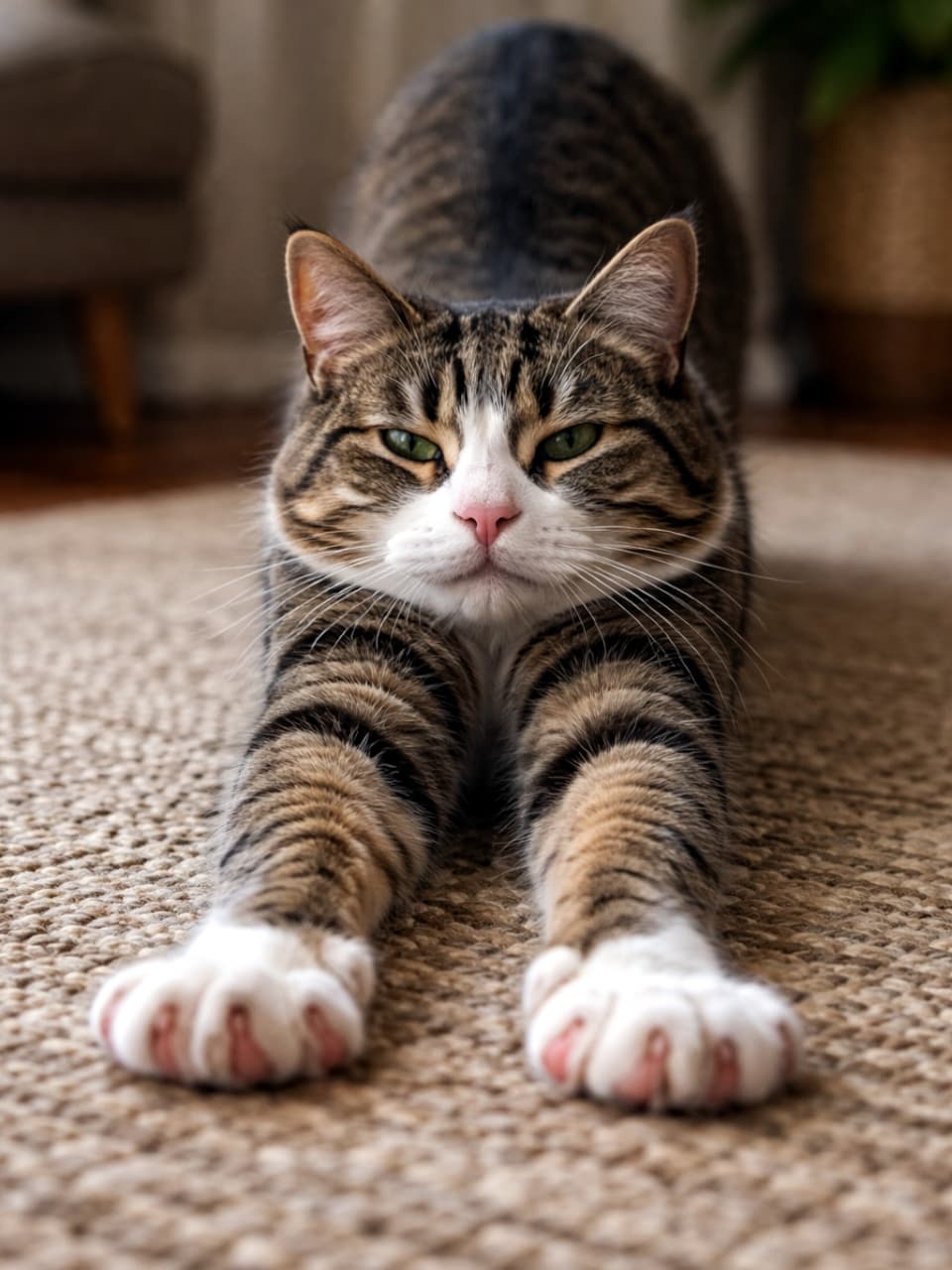 「タビー猫がラグ上で前脚を伸ばす姿。肉球は見えるが、生成上の破綻として爪と肉球の融合が見られる構図」A tabby cat stretching its front legs forward on a textured rug, with visible paw pads. The image shows a visual artifact where claws and paw pads appear mixed and slightly inconsistent in detail. タビー柄の猫がラグの上で前足を伸ばしてストレッチしており、肉球が見える構図。爪と肉球の描写が混ざり、細部にやや破綻したアーティファクトが見られる
