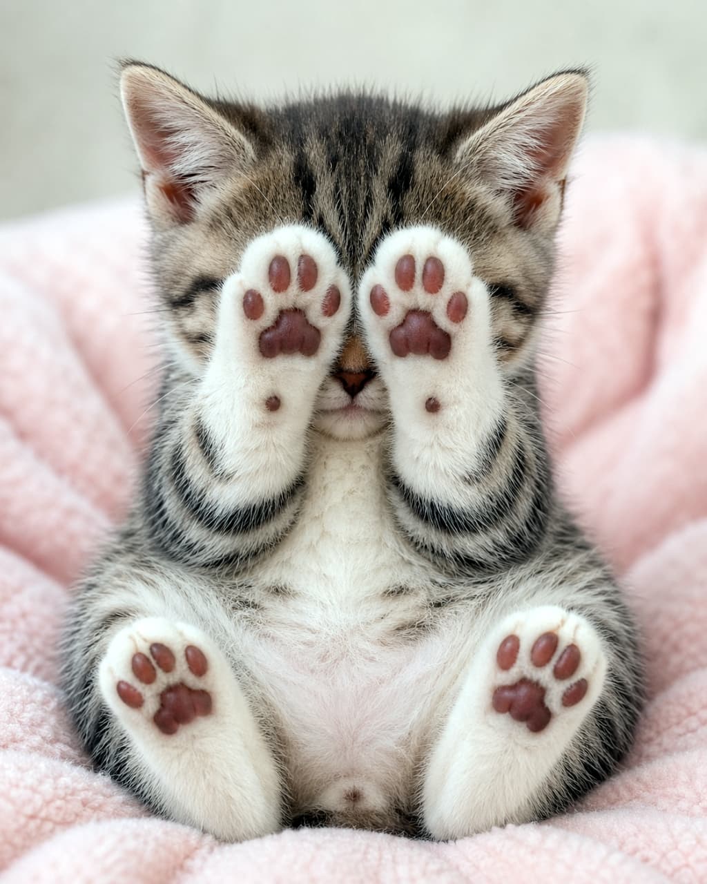 「奇跡の肉球4点ショット!🐾💖 ピンクのぷにぷにがたまらない、究極の癒やし画像です。🐈✨ #肉球祭 #可愛すぎる」Ultra-realistic high-quality photograph of a tabby kitten sitting on a pink blanket, showing all four pink paw pads while covering its face. ピンク色の毛布の上でお座りし、両前足と両後ろ足の肉球をカメラに向けて顔を隠しているキジトラ白の子猫
