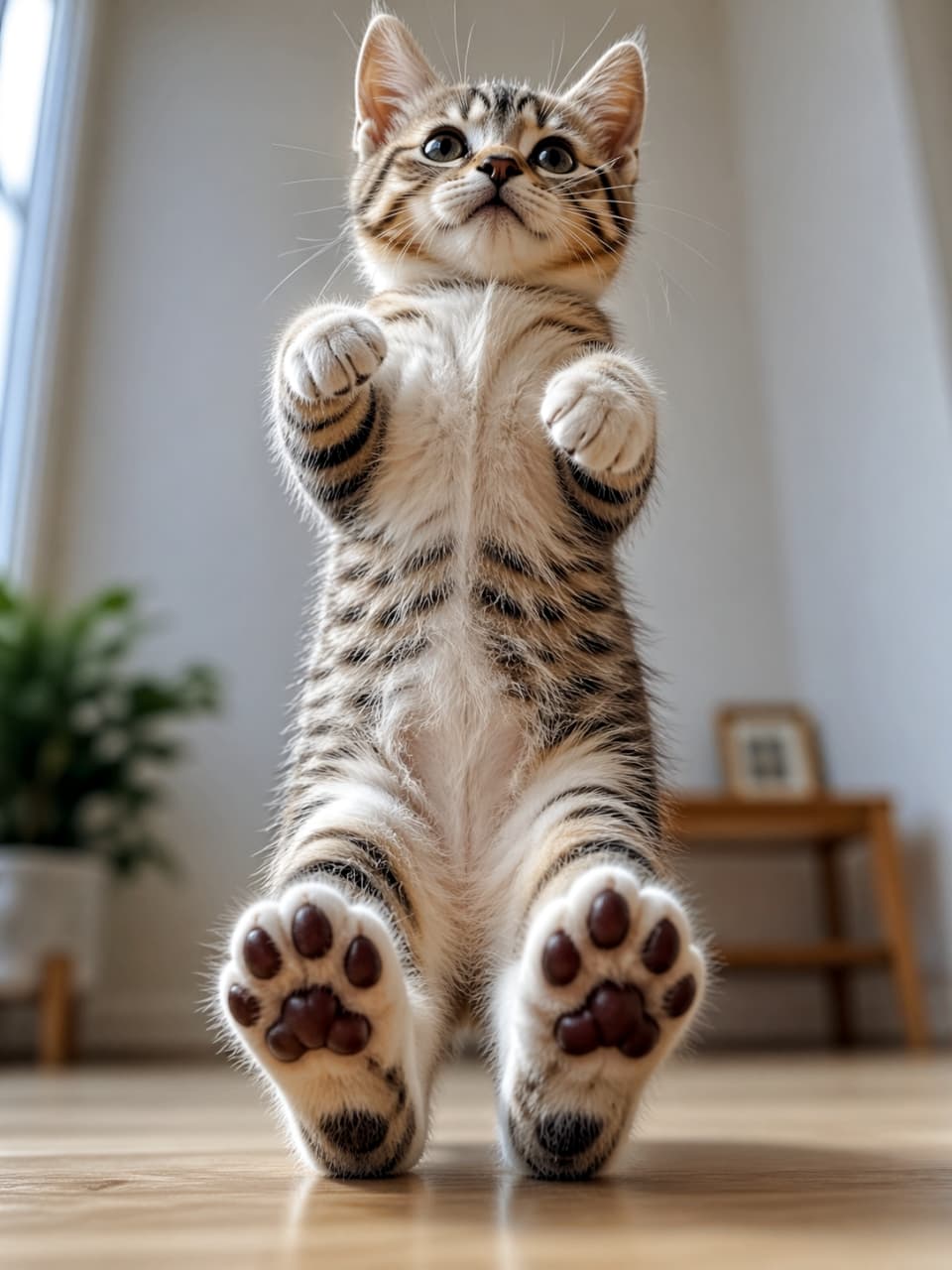 「\じゃーん!/ 立っちできたよ!🐾 画面越しに見えるぷにぷにの肉球がたまらない…!ハイタッチしたくなる可愛さです😍」Ultra-realistic high-quality photograph from a low angle of a tabby kitten standing on its hind legs on a wooden floor, prominently showing its cute paw pads. 明るい室内のフローリングの上で、二本足で立ち上がっているキジトラ子猫のローアングル写真。手前には丸くて可愛らしい茶色い肉球がくっきりと大写しになっている