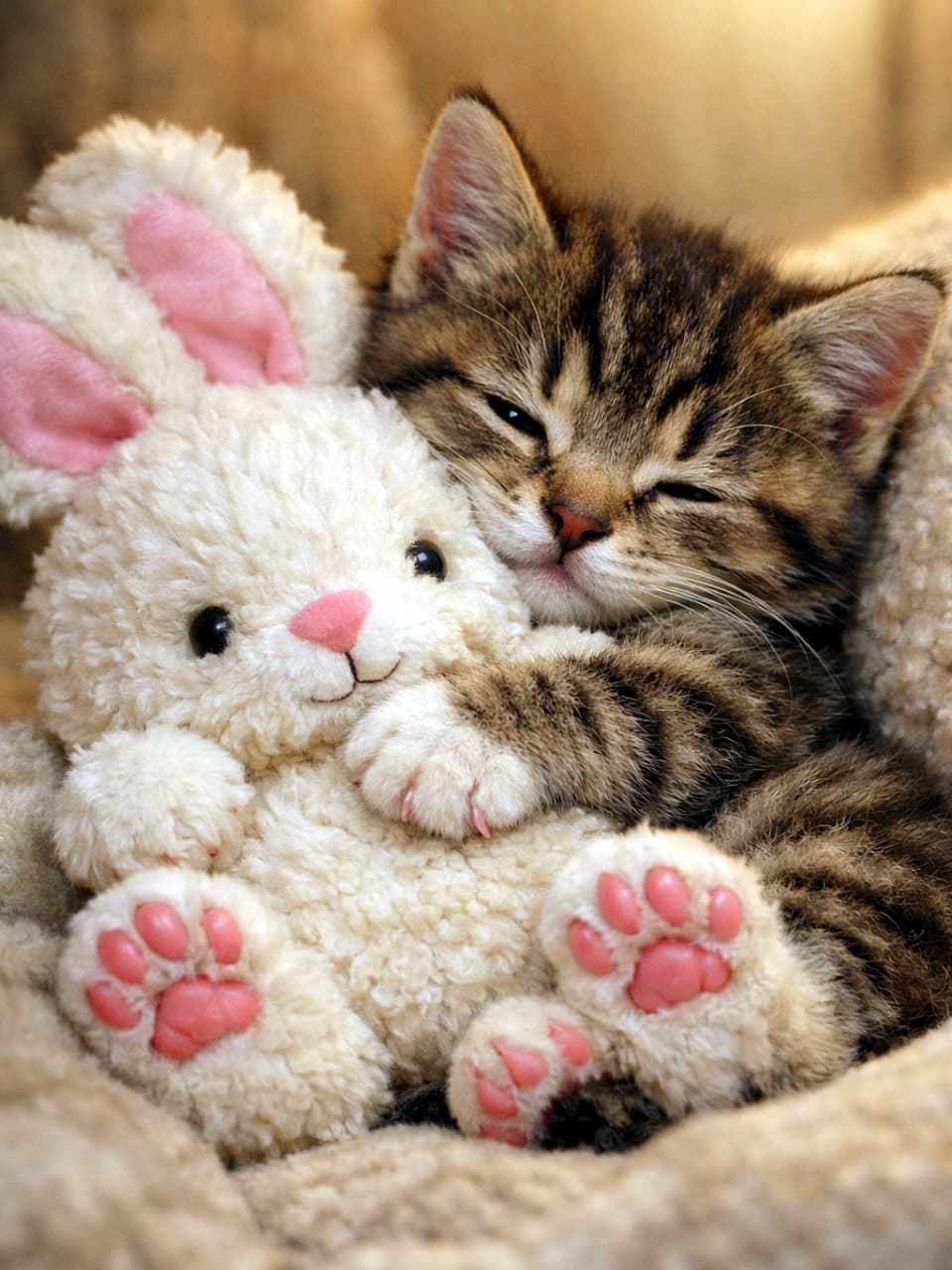 「AIがやらかした、うさぎの足にも肉球👀 子猫ちゃんのピンクの肉球とお揃いで、ある意味レアな失敗作だけど、かわいさは本物💕🐾」A photorealistic close-up of a tiny, sleepy brown tabby kitten tightly hugging a fluffy white plush bunny on a soft, warm blanket. The kitten has eyes partially closed in contentment. There is a prominent, unnatural pink paw pad depicted on the bottom of the plush bunny's foot (a depiction error). The kitten's own tiny pink paw pads on its front paw are also visible. Bathed in warm indoor lighting, with realistic fur and plush texture. 柔らかく暖かい毛布の上で、フワフワした白いウサギのぬいぐるみを強く抱きしめて安らかに眠る茶トラの子猫の写実的なクローズアップ写真。子猫は目を細め、眠そうな表情。ぬいぐるみの足の部分に、不自然にピンク色の肉球が鮮明に描写されており(描写破綻)、子猫自身の小さな前足の肉球も少し見えている。暖かみのある屋内照明が当たる、リアルな毛並みとぬいぐるみの質感