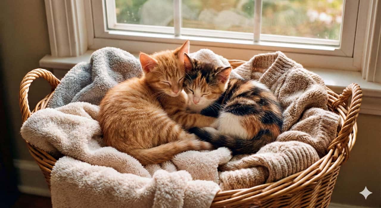 An orange kitten and a calico kitten nestle together in a wicker basket by a sunlit window, resting peacefully. オレンジの子猫と三毛の子猫が、日差しの差し込む窓辺の籐のバスケットで寄り添い穏やかに休んでいる