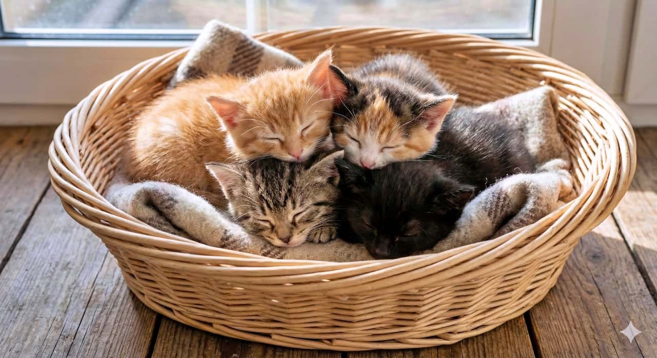 Four kittens—orange, orange-white, black, and gray tabby—cuddle in a wicker basket lined with a soft blanket near a window. オレンジ、オレンジ白、黒、灰色のトラの4匹が、柔らかい毛布を敷いた籐のバスケットで窓辺に寄り添って眠っている