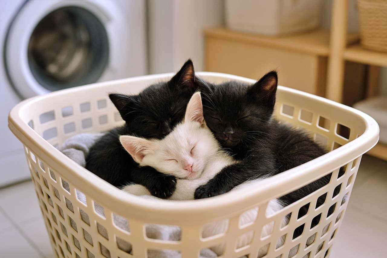 「洗濯カゴで発見!黒猫サンドで埋もれる白猫ちゃん。プラスチックのカゴがお気に入りのベッド?」Two black kittens and one white kitten sleeping huddled together in a beige plastic laundry basket with square holes. The white kitten is nestled between the two black ones. A washing machine and wooden shelves are visible in the background. 四角い穴の開いたベージュのプラスチック製ランドリーバスケットの中で、身を寄せ合って眠る2匹の黒猫と1匹の白猫。白猫は黒猫たちの間に挟まっている。背景には洗濯機と木製の棚が見える