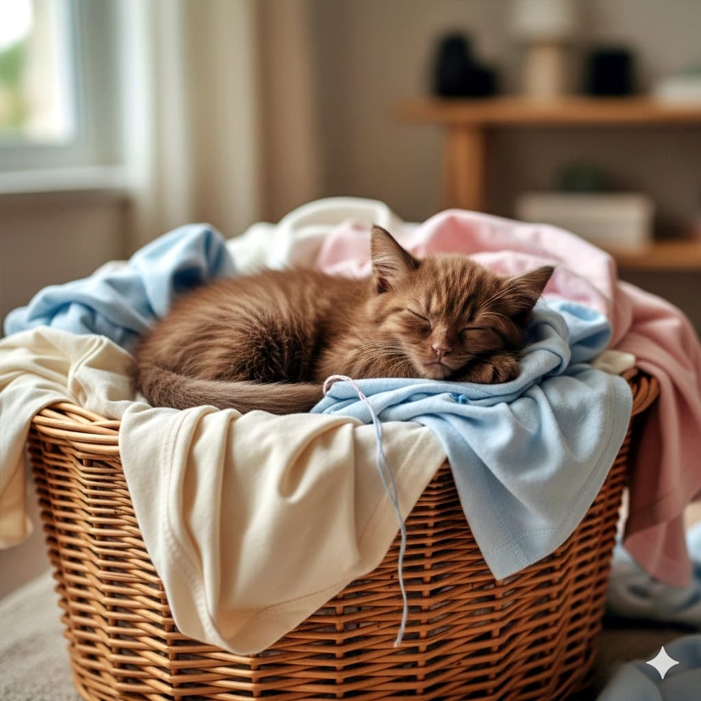 「ふわふわパステルに包まれて、子猫の夢もカラフルに♪お洗濯日和のごほうびタイム!」Photorealistic image of a chocolate brown kitten sleeping peacefully on pastel-colored laundry inside a woven wicker basket. The soft clothes include light blue, cream, and pink garments. A window and wooden shelf in the softly lit background enhance the cozy indoor atmosphere. チョコレートブラウンの子猫が、淡い色合いの洗濯物の上で穏やかに眠っているフォトリアルな画像。編みかごの中にはライトブルー、クリーム、ピンクの衣類があり、背景には窓と木製の棚が見える柔らかな室内光が広がっている