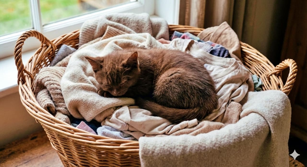 「窓辺の陽だまりで、洗濯かごが極上ベッドに♪くるんと丸まる幸せのかたち」Photorealistic image of a chocolate brown kitten curled up and sleeping in a wicker laundry basket filled with folded and unfolded clothes. The basket is placed near a window, with natural light gently illuminating the scene and highlighting the kitten’s cozy nest. チョコレートブラウンの子猫が、折りたたまれた衣類と広げられた布に囲まれた編みかごの中で丸くなって眠っているフォトリアルな画像。かごは窓辺に置かれ、自然光が優しく差し込んで子猫のぬくもりある寝床を照らしている