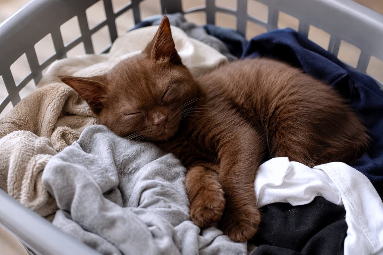 「洗濯物の上はふかふかの特等席🐾珍しいチョコ色の被毛とスヤスヤ寝顔の組み合わせがたまりませんね🧺✨」Ultra-realistic high-quality photograph of a rare chocolate-colored kitten sleeping curled up with its front paws crossed on top of white and navy clothes inside a gray laundry basket. Its beautiful solid coat is rendered with a smooth texture by soft natural light. グレーの洗濯カゴの中、無造作に入った白やネイビーの衣類の上で丸まって眠る珍しいチョコレート色の子猫。前足を可愛らしくクロスさせ、幸せそうに目を閉じる美しい単色の被毛が、窓から差し込む柔らかな光によって滑らかな質感で描写されています