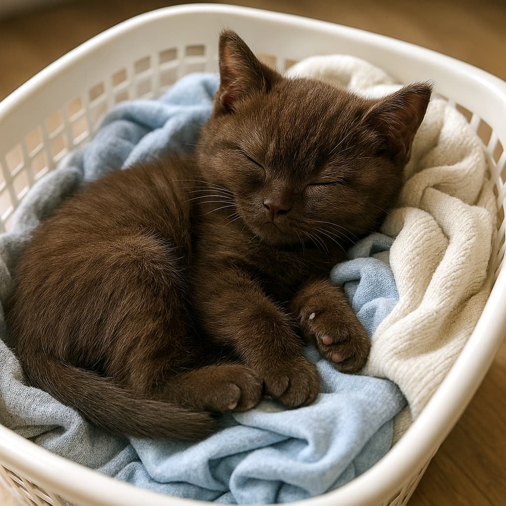 「白いカゴの中で丸まるチョコ色の天使。水色タオルに包まれて、どんな夢を見てるのかな?」A chocolate brown kitten sleeping curled up on blue and white towels inside a white plastic laundry basket with a grid pattern. The kitten fits snugly within the basket. 四角い穴の開いた白いプラスチック製ランドリーバスケットの中で、水色や白のタオルの上で丸まって眠るチョコレートブラウンの子猫