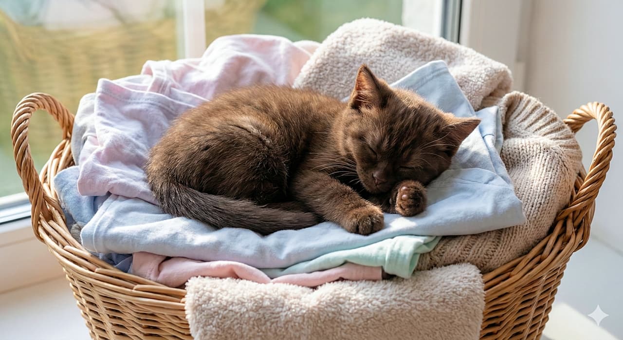 「窓辺の籐カゴは特等席!畳みたてのパステル色の服の上で、日向ぼっこしながらスヤスヤ」A chocolate brown kitten sleeping on top of a pile of folded pastel pink and light blue clothes in a wicker laundry basket. Sunlight streams in from a window behind the basket. 窓辺に置かれた籐のランドリーバスケットの上で、畳まれたパステルカラー(ピンクや水色)の衣類に囲まれて眠るチョコレートブラウンの子猫