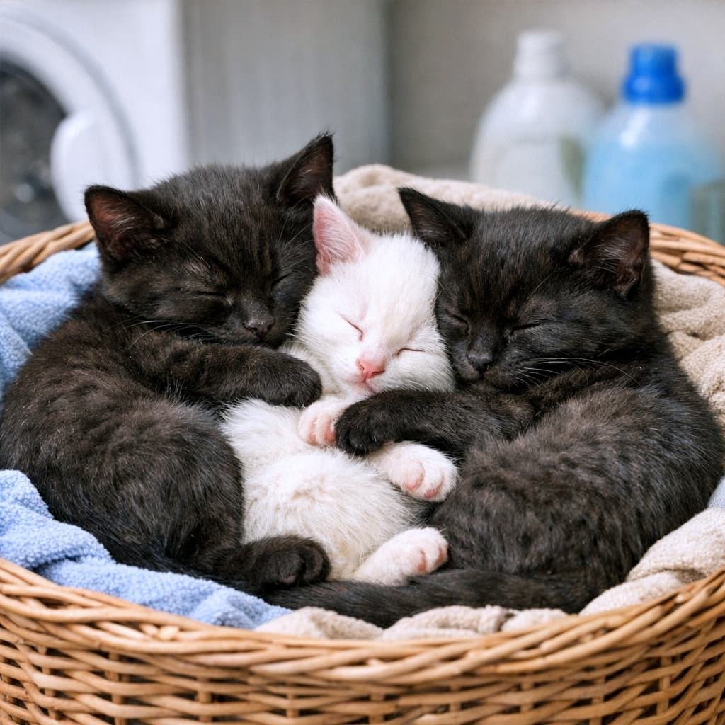 「愛が重い…!?黒猫ちゃんたちの熱烈ハグに包まれて、白猫ちゃんは幸せな夢の中♡」Close-up of two black kittens tightly hugging a white kitten sleeping between them in a wicker laundry basket. The kittens are resting on blue and beige towels, with a blurred laundry room background. Close-up of two black kittens tightly hugging a white kitten sleeping between them in a wicker laundry basket. The kittens are resting on blue and beige towels, with a blurred laundry room background. 籐のランドリーバスケットの中で、中央の白猫を左右の黒猫が強く抱きしめて眠っているクローズアップ。青やベージュのタオルの上にいて、背景のランドリールームはぼやけている