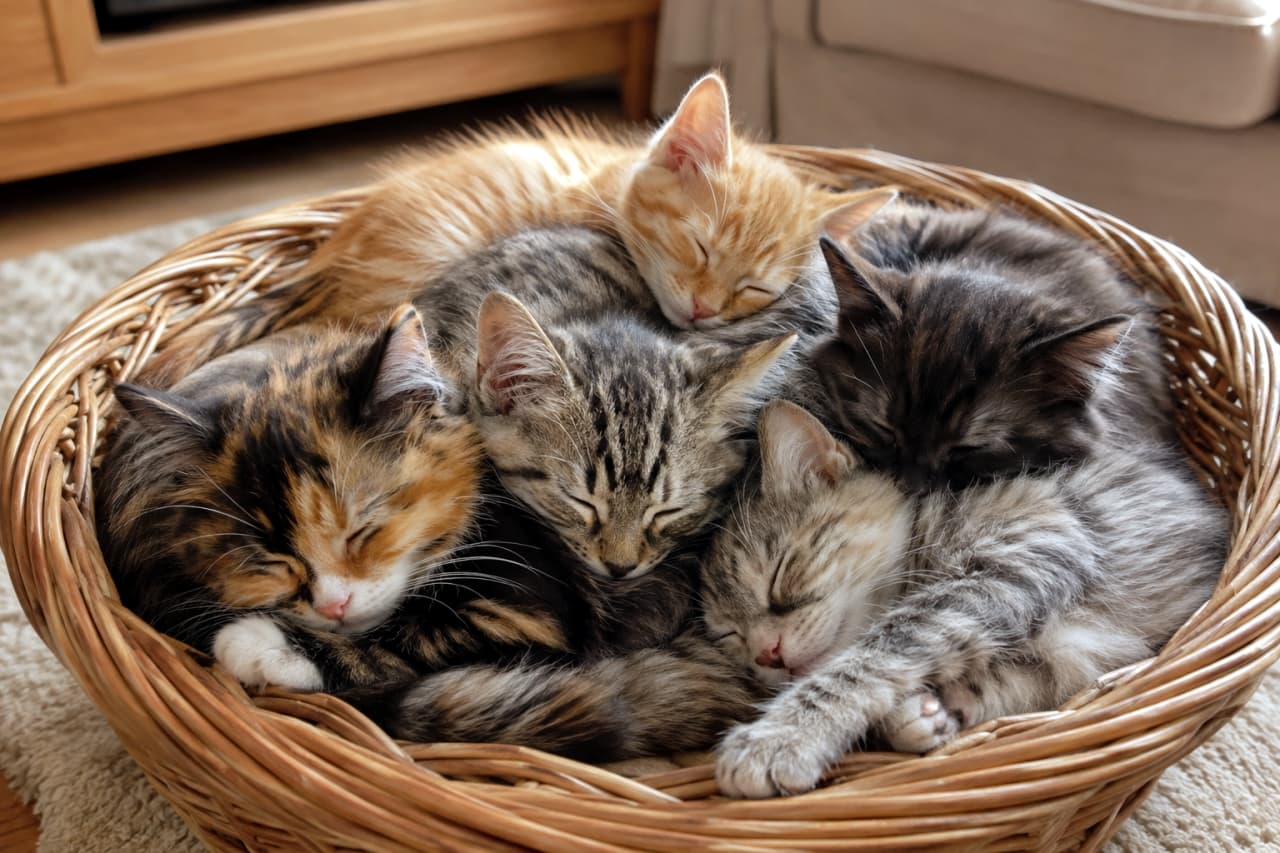 「みんなでくっつけばあったかいね🐈💕カゴいっぱいに詰まった色とりどりの寝顔にほっこり笑顔になります😊」Ultra-realistic high-quality photograph of five colorful kittens, including a calico, ginger tabby, brown tabby, dark smoke, and silver tabby, sleeping closely together in a circular formation inside a wicker basket on a living room rug. リビングのラグに置かれた籐カゴの中で、円を描くように身を寄せ合って眠る5匹の子猫。左側の三毛猫をはじめ、茶トラ、キジトラ、ダークスモーク、サバトラと個性豊かな毛色の子猫たちが、お互いの温もりを感じながら熟睡する様子が高精細に描かれています