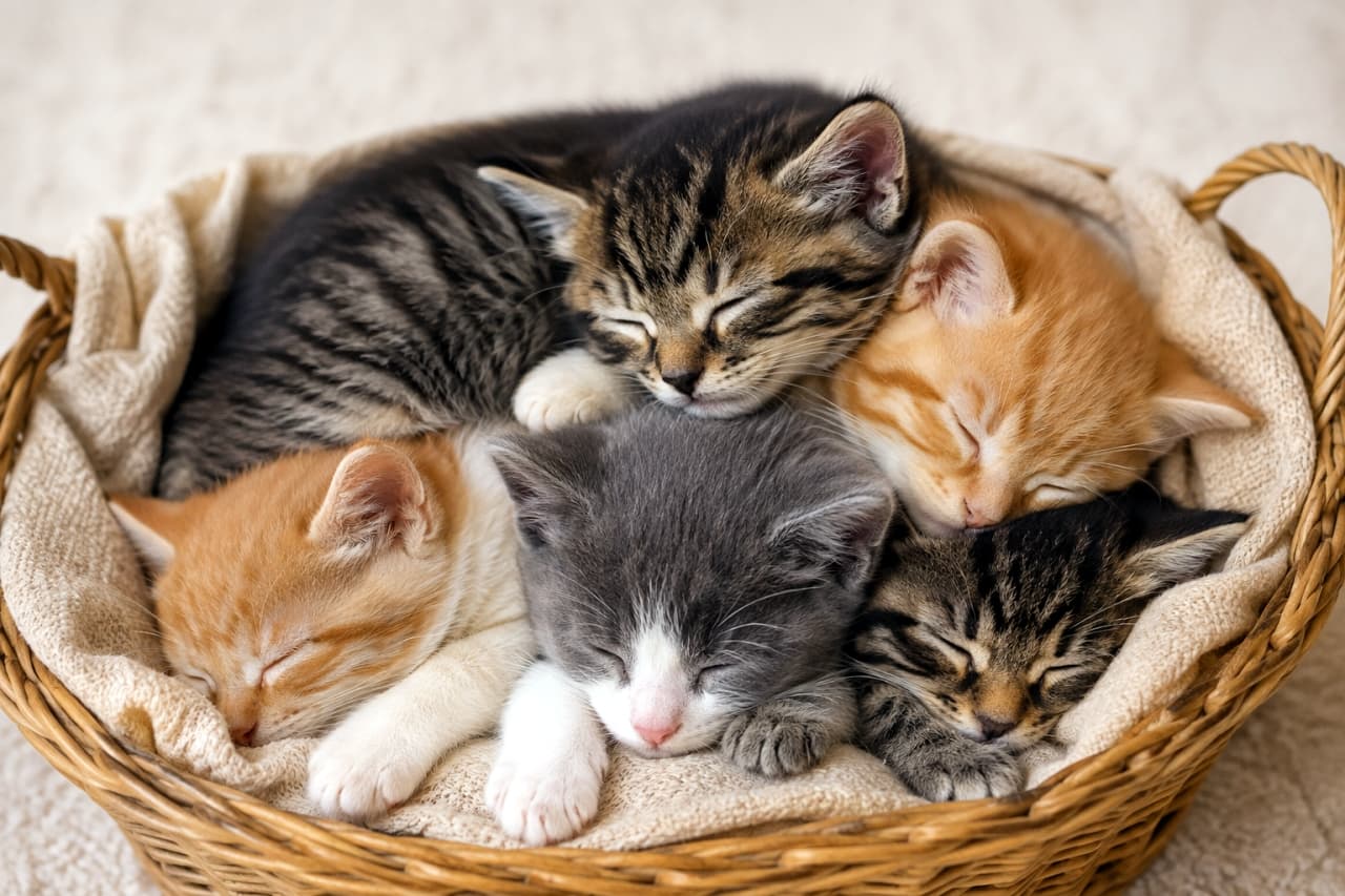 「真ん中のハチワレちゃんを中心にみんなでぎゅっ🐾ぬくもりたっぷりの子猫のおしくらまんじゅうです🎁✨」Ultra-realistic high-quality photograph of five kittens huddled closely together sleeping on a beige blanket inside a wicker basket. Brown tabbies, ginger tabbies, and a central blue-and-white bicolor kitten are enveloped in soft, warm light with deeply relaxed expressions. 籐カゴの中に敷かれたベージュのブランケットの上で、顔をギュッと寄せ合って眠る5匹の子猫たち。キジトラ、茶トラ、茶白、そして中央のブルー＆ホワイト（ハチワレ）の子猫が、柔らかく温かい光に包まれながら安心しきった表情で眠りに落ちています