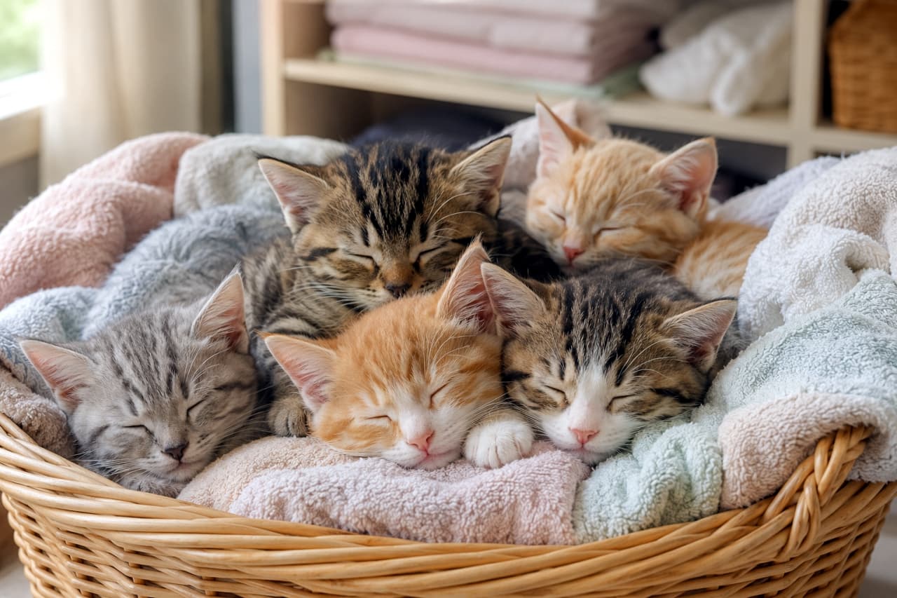 「カゴの中で折り重なって夢の中へ🐈💤ぽかぽか陽だまりで眠る子猫たちの姿は最高の癒やしですね☀️」Ultra-realistic high-quality photograph of five kittens—silver tabby, ginger-and-white, brown tabby-and-white, brown tabby, and ginger—sleeping deeply, piled together on soft pastel towels inside a rattan basket by a window under warm indoor light. 窓辺の籐カゴの中、柔らかいパステルカラーのタオルに埋もれるようにして熟睡する5匹の子猫たち。サバ白、茶白、キジ白、キジトラ、茶トラが互いに顔を寄せ合い、安心しきった表情で折り重なる姿が、暖かみのある室内光で立体的に捉えられています