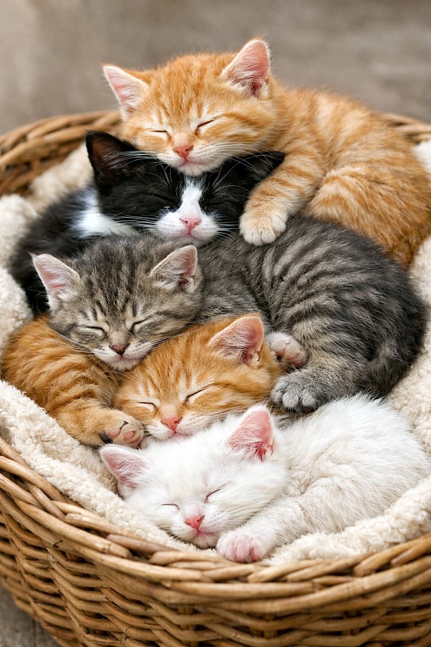 「ぎゅうぎゅう重なって夢の中♪幸せの子猫団子🐾」Five kittens sleeping tightly together in a wicker basket, some stacked on top of each other, photorealistic close-up with soft warm lighting. 籐のバスケットの中で、何匹かが折り重なるように寄り添って眠る5匹の子猫のフォトリアルなクローズアップ写真。柔らかな暖色の光に包まれている
