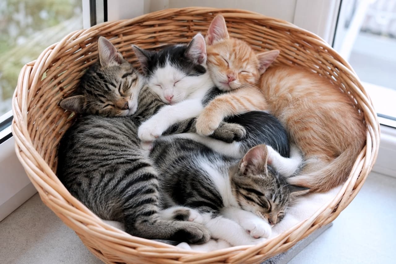 「カゴの中にぴったり収まる4匹の天使たち🐾お互いに手を回して眠る姿は最高の癒やしですね☀️」Ultra-realistic high-quality photograph of four colorful kittens—a brown tabby, tuxedo, ginger tabby, and tabby-and-white—sleeping tightly together like a puzzle in a wicker basket by a bright window, hugging each other affectionately under soft natural light. 明るい窓辺に置かれた籐カゴの中で、パズルのようにぴったりと隙間なく身を寄せ合って熟睡する4匹の子猫たち。キジトラ、ハチワレ、茶トラ、キジ白の個性豊かな模様と、互いに前足を回して抱きしめ合う愛情深いポーズが、柔らかな自然光の下で鮮明かつ立体的に描写されています