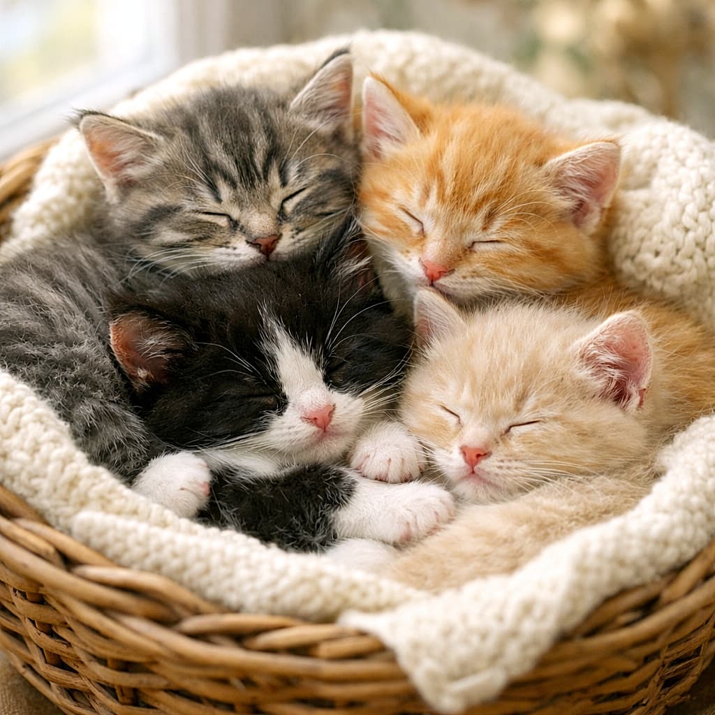 「朝日といっしょにすやすや夢の中…尊すぎる4にゃん団子♡」Four fluffy kittens sleeping snuggled together in a small wicker basket lined with a cream woven blanket, illuminated by soft morning light, close-up, shallow depth of field, high resolution. クリーム色の編みブランケットを敷いた小さなウィッカーバスケットの中で、4匹のふわふわ子猫が寄り添って眠っているクローズアップ写真。柔らかな朝の光、浅い被写界深度、高解像度