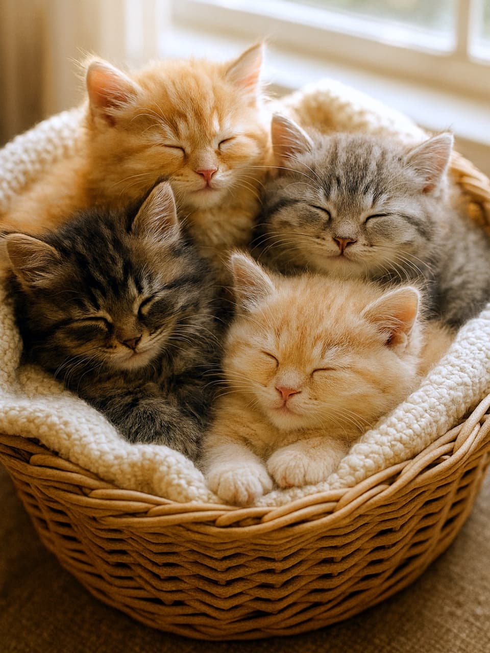 「ぎゅぎゅっと密着!茶トラとキジトラ、4匹の「猫団子」が完成。バスケットの中は幸せで満員御礼♡」High-angle close-up of four fluffy kittens sleeping huddled together in a tight circle inside a round wicker basket lined with a cream blanket. Two orange tabbies and two grey tabbies are bathed in warm, golden light. 籐のバスケットの中で、2匹の茶トラと2匹のキジトラ、計4匹の子猫が円を描くように身を寄せ合って眠っているクローズアップ。クリーム色の毛布の上で、温かい黄金色の光に包まれた「猫団子」状態