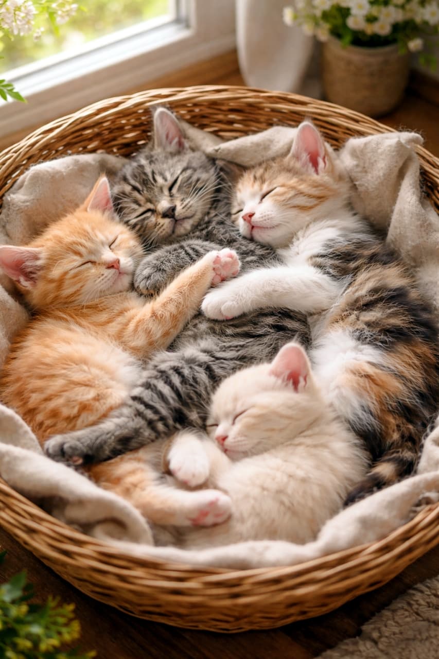 「ぎゅうぎゅうでも気にしない、それが子猫ルール。ぬくもりシェアしてスヤァ…見てるこっちも一緒に眠くなる幸せ時間🐾」Four kittens of different colors sleeping intertwined in a wicker basket, softly lit by natural window light, creating a warm and heartwarming scene. 自然光が差し込む窓辺で、色違いの4匹の子猫が籐のバスケットの中で絡み合いながら眠る、温かく心癒される光景