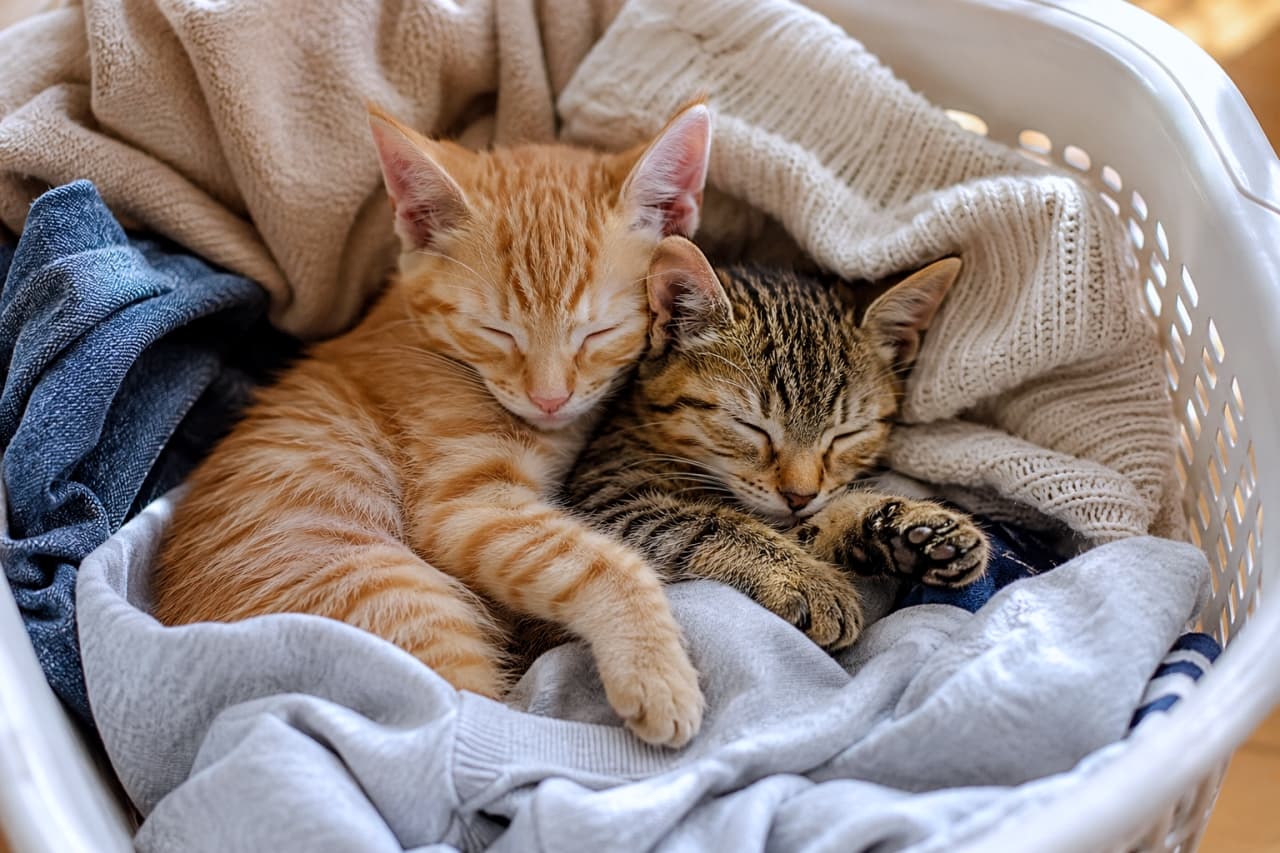 「洗濯物をたたむのは一時中断！🧺仲良く寄り添って眠る子猫たちの姿に思わず笑顔になっちゃいます😆✨」Ultra-realistic high-quality photograph of a ginger tabby and a brown tabby kitten sleeping snugly together on top of clothes inside a white plastic laundry basket. The everyday setting and their relaxed poses are captured beautifully in natural light. 白いプラスチック製の洗濯カゴの中、無造作に入ったセーターやシャツなどの衣類の上で寄り添って眠る茶トラとキジトラの子猫。日常感あふれる背景の中、安心しきって前足を伸ばす子猫の姿が自然な光の中でリアルに捉えられています