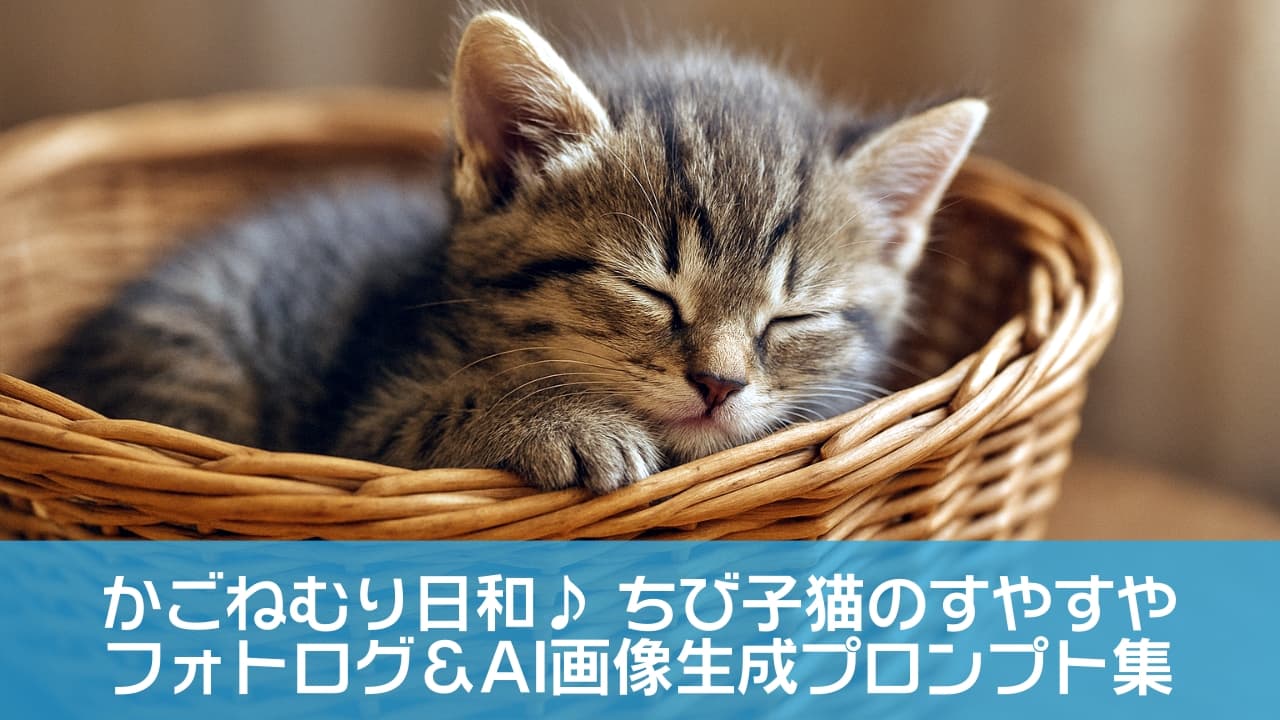 「ふわふわ夢ごこち…かごの中で見つけた小さな幸せ」A photorealistic horizontal image of a tiny kitten sleeping peacefully inside a woven wicker basket, illuminated by soft natural side light. The basket’s texture and the kitten’s fluffy fur glow warmly in a shallow depth of field, creating a cozy, soothing atmosphere. 柔らかな自然光に包まれた横長のフォトリアリスティック画像。小さな子猫が編みかごの中で静かに眠り、毛並みと籠の質感が優しく輝く。浅い被写界深度が温かく心地よい雰囲気を演出している