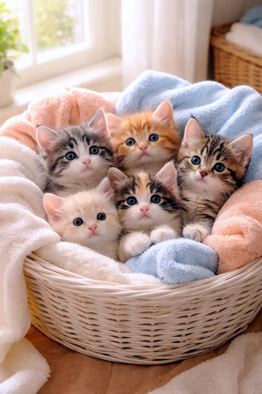 「ふわふわタオルにぎゅっと集合した子猫たち。朝の光に包まれて、ちいさなぬくもりがあふれるしあわせなひととき🐾」Five adorable kittens cuddled together in a white wicker laundry basket filled with soft pastel towels, bathed in bright natural daylight in a cozy home setting. 柔らかなパステルカラーのタオルが入った白い洗濯かごの中で、子猫たちが寄り添う明るい日差しの温かな室内シーン
