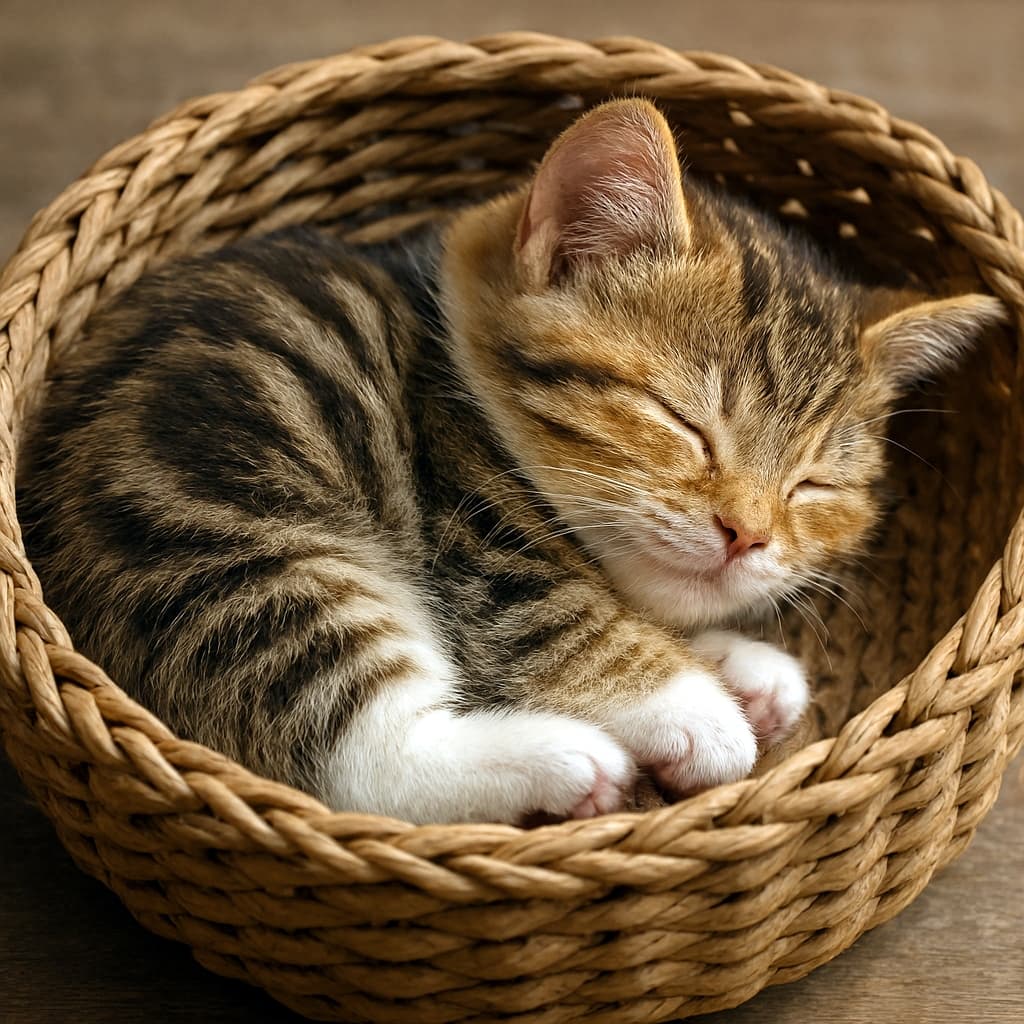 「ふわふわ夢の国へショートレッグ出発中♪」A photorealistic Munchkin kitten sleeping curled up inside a woven basket. The kitten’s short legs, soft tabby fur, and relaxed expression are clearly visible. Soft natural light highlights the texture of the basket and the kitten’s fur. フォトリアルなマンチカンの子猫が、編み込みバスケットの中で丸くなって眠っている様子。短い足と柔らかい毛並み、穏やかな寝顔が自然光に照らされている