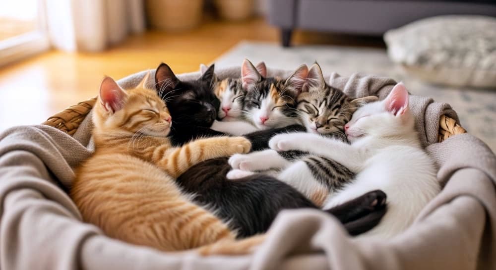 「みんなでくっつけば一番あったかいね💤色とりどりの子猫たちが抱き合って眠る姿に癒やされます🐈💕」Ultra-realistic high-quality photograph of six colorful kittens, including a ginger tabby, solid black, calico, brown tabby, and pure white, sleeping intertwined and hugging each other on a soft blanket inside a woven basket in a sunlit living room. 温かな自然光が差し込むリビングで、柔らかなブランケットを敷いた籐カゴの中に集まり、ギュッと抱き合って眠る6匹の子猫たち。茶トラ、黒、三毛、キジトラ、白猫といった個性豊かな毛色の子猫たちが折り重なり、互いの温もりを感じながらスヤスヤと眠る平和な情景