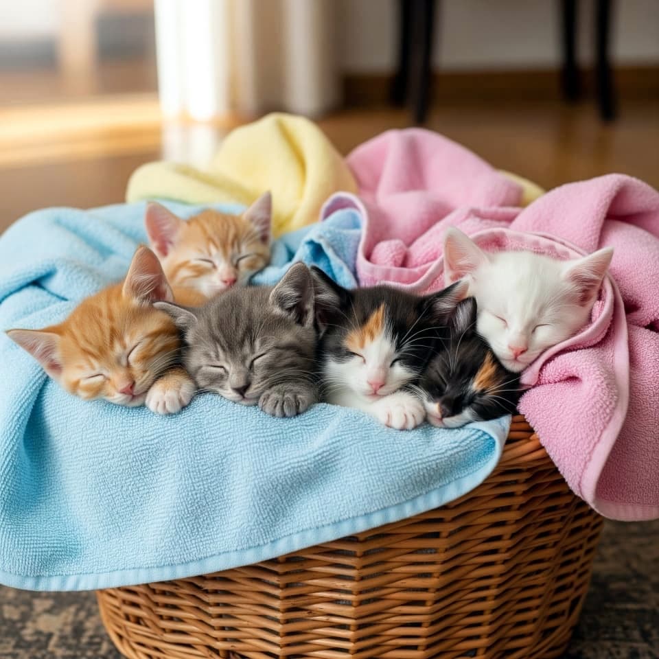 「色とりどりの寝顔がずらり👼パステルカラーのベッドでスヤスヤ眠る子猫たちに、心から癒やされますね💕」Ultra-realistic high-quality photograph of six colorful kittens, including ginger tabbies, a silver tabby, calicos, and a pure white kitten, sleeping lined up on pastel blue and pink towels in a wicker basket, bathed in warm natural light. 柔らかな自然光が差し込む室内の籐カゴの中、水色やピンクのパステルカラーのタオルの上に一列に並んで熟睡する6匹の子猫たち。左から茶トラ、サバトラ、三毛猫、黒三毛、白猫と個性豊かな毛色の子猫たちが、タオルの縁にちょこんとアゴを乗せ、安心しきった表情で眠る心温まる情景