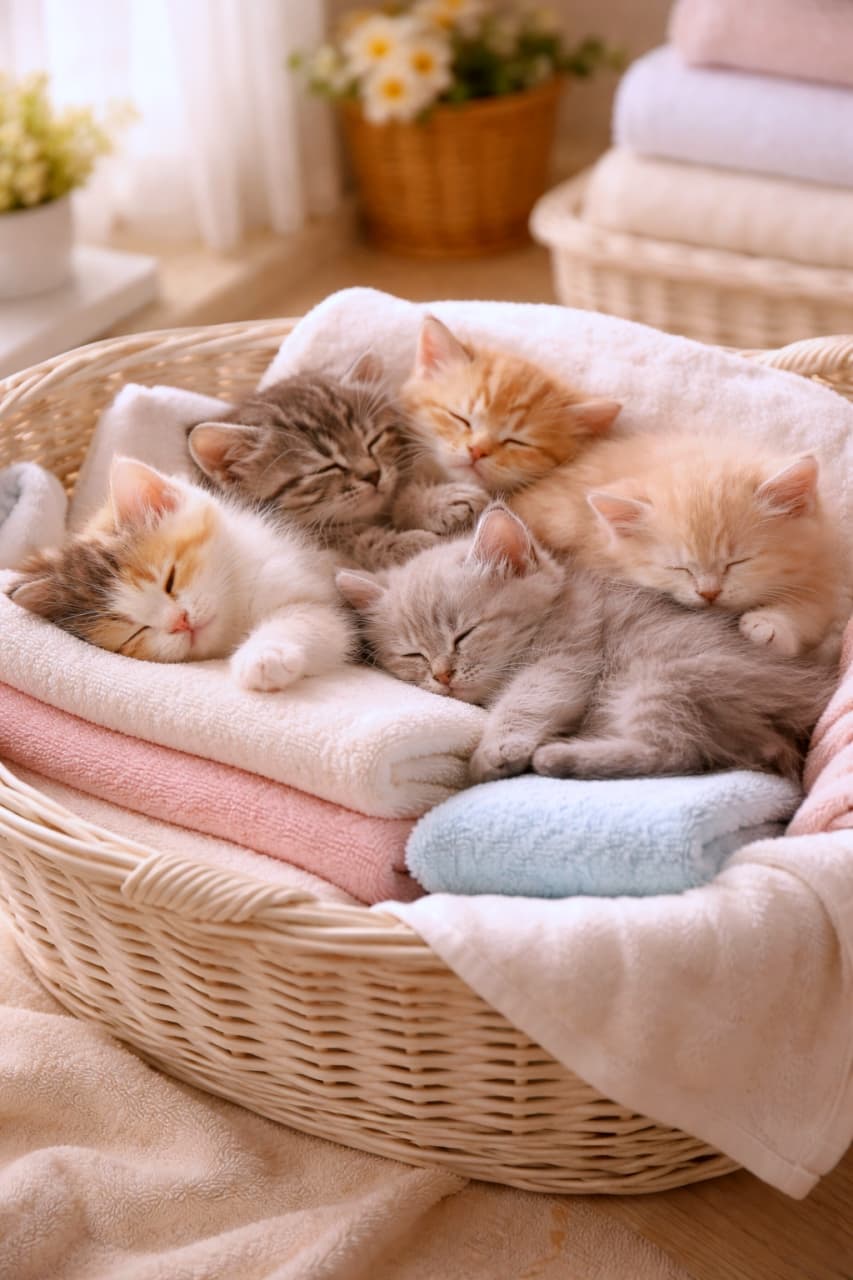 「ふわふわタオルに包まれてすやすや眠る子猫たち。ぎゅっと寄り添う姿に、ほっと心がほどける癒しのワンシーンです♡」Five kittens sleeping together in a wicker laundry basket filled with neatly folded pastel towels, softly lit in a cozy home setting. パステルカラーのタオルが敷かれたランドリーバスケットの中で、5匹の子猫が寄り添って眠る、やさしい光に包まれた室内の風景