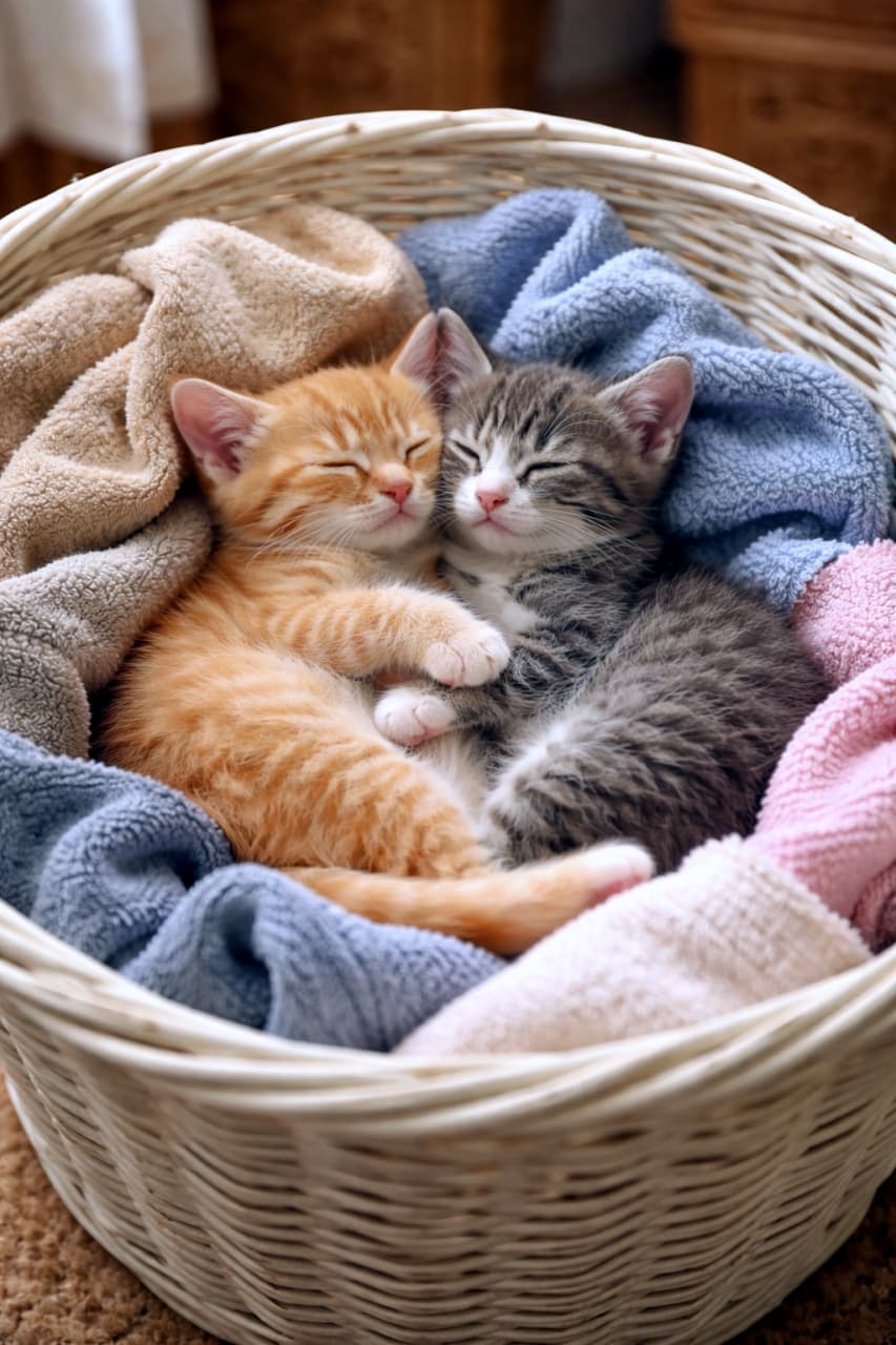 「洗いたてのぬくもりに包まれて、仲良くおやすみ中の子猫たち。ふわふわの時間がそっと流れる癒しのひとコマ🐾」Two kittens sleeping closely together in a laundry basket filled with warm, freshly washed clothes, photorealistic. 洗いたての温かい衣類が入ったランドリーバスケットの中で、寄り添って眠る2匹の子猫の写真