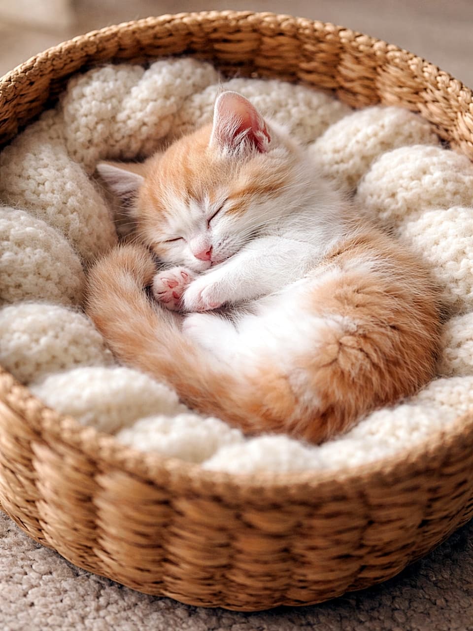 「かごの中で夢の世界へ…ふわもこ天使のすやすや時間 💤✨」A sleeping Munchkin kitten curled up inside a round woven basket lined with a soft cream blanket, photographed in warm natural light, photorealistic and high resolution. やわらかなクリーム色のブランケットを敷いた丸い編みかごの中で、丸くなって眠るマンチカンの子猫。暖かな自然光で撮影された高解像度のフォトリアルな写真