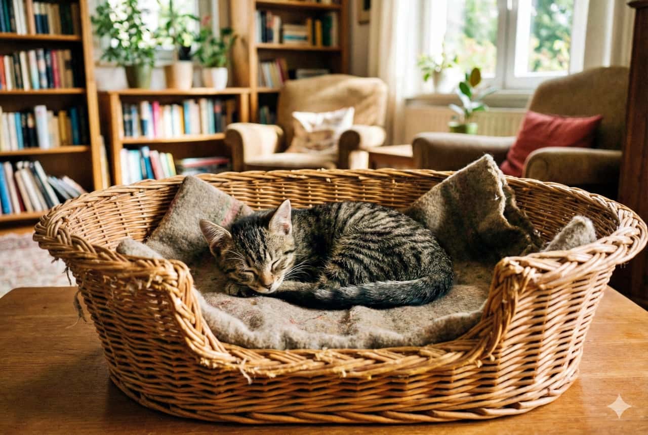 A tabby cat sleeps curled up in a wicker basket lined with a soft gray blanket, surrounded by bookshelves, plants, and armchairs in a sunlit, cozy room. 柔らかなグレーの毛布が敷かれた籐のバスケットで丸くなって眠るトラ猫。本棚や植物、ひだまりの椅子が並ぶ温もりある室内