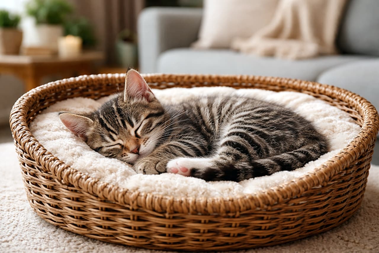 「ぬくもりバスケットで夢の中…幸せ満タンお昼寝タイム🐾」A tabby kitten sleeping peacefully in a well-used wicker cat bed with a plush cream cushion, set in a cozy living room background, horizontal composition, realistic and high quality. 使い込まれた籐製の猫ベッドの中で、クリーム色のクッションに包まれながら気持ちよさそうに眠るキジトラの子猫。背景は落ち着いたリビングルーム、横長構図の高画質リアル写真